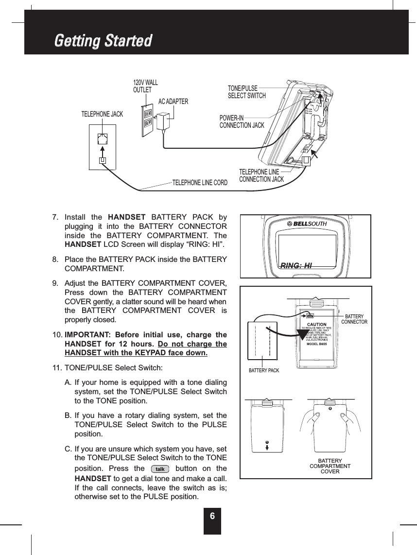 67. Install the HANDSET BATTERY PACK byplugging it into the BATTERY CONNECTORinside the BATTERY COMPARTMENT. TheHANDSET LCD Screen will display “RING: HI”.8. Place the BATTERY PACK inside the BATTERYCOMPARTMENT.9. Adjust the BATTERY COMPARTMENT COVER,Press down the BATTERY COMPARTMENTCOVER gently, a clatter sound will be heard whenthe BATTERY COMPARTMENT COVER isproperly closed.10. IMPORTANT: Before initial use, charge theHANDSET for 12 hours. Do not charge theHANDSET with the KEYPAD face down.11. TONE/PULSE Select Switch:A. If your home is equipped with a tone dialingsystem, set the TONE/PULSE Select Switchto the TONE position.B. If you have a rotary dialing system, set theTONE/PULSE Select Switch to the PULSEposition.C. If you are unsure which system you have, setthe TONE/PULSE Select Switch to the TONEposition. Press the button on theHANDSET to get a dial tone and make a call.If the call connects, leave the switch as is;otherwise set to the PULSE position.talkTELEPHONE JACKAC ADAPTER120V WALLOUTLETTELEPHONE LINE CORDTELEPHONE LINECONNECTION JACKPOWER-INCONNECTION JACKTONE/PULSESELECT SWITCHGGeettttiinnggSSttaarrtteeddBATTERYCONNECTORBATTERYCOMPARTMENTCOVER12BATTERY PACKRING: HI