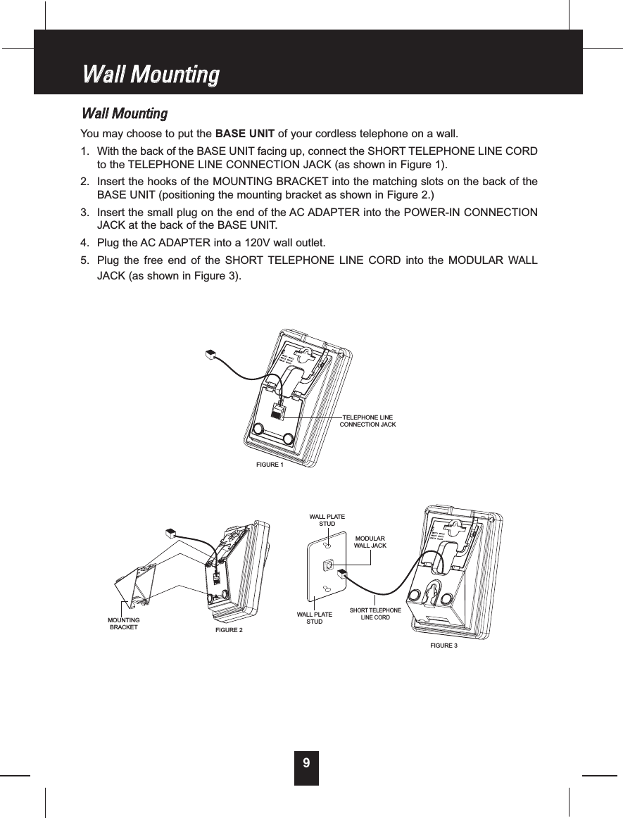 9WWaallllMMoouunnttiinnggWWaallllMMoouunnttiinnggYou may choose to put the BASE UNIT of your cordless telephone on a wall.1. With the back of the BASE UNIT facing up, connect the SHORT TELEPHONE LINE CORDto the TELEPHONE LINE CONNECTION JACK (as shown in Figure 1).2. Insert the hooks of the MOUNTING BRACKET into the matching slots on the back of theBASE UNIT (positioning the mounting bracket as shown in Figure 2.)3. Insert the small plug on the end of the AC ADAPTER into the POWER-IN CONNECTIONJACK at the back of the BASE UNIT.4. Plug the AC ADAPTER into a 120V wall outlet.5. Plug the free end of the SHORT TELEPHONE LINE CORD into the MODULAR WALLJACK (as shown in Figure 3).SHORT TELEPHONELINE CORDMOUNTINGBRACKETTELEPHONE LINECONNECTION JACKWALL PLATESTUDWALL PLATESTUDMODULARWALL JACKFIGURE 1FIGURE 2FIGURE 3
