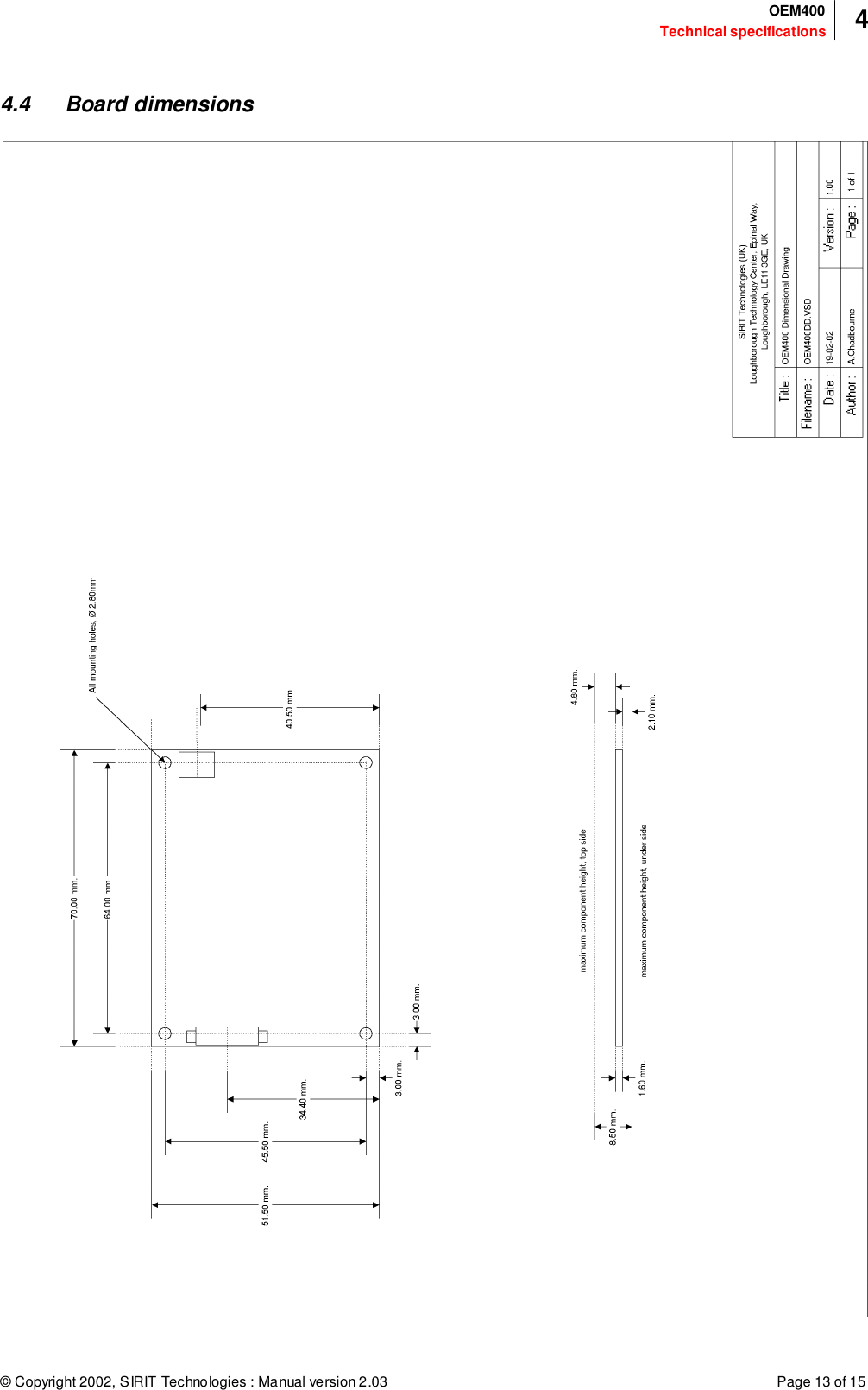 © Copyright 2002, SIRIT Technologies : Manual version 2.03 Page 13 of 15Technical specificationsOEM400 44.4 Board dimensions