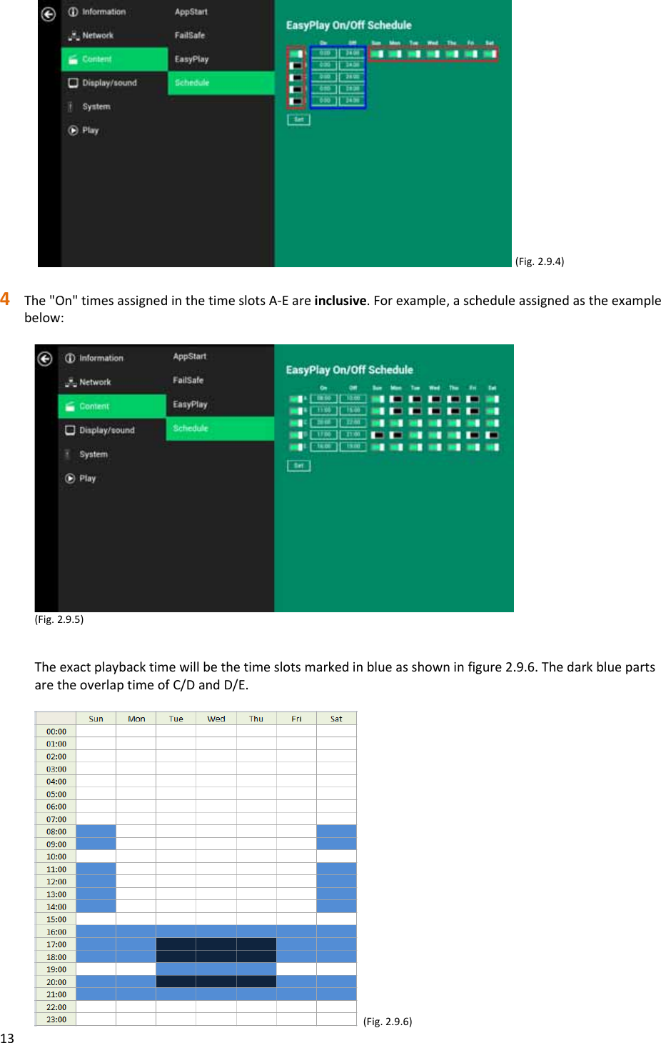 13(Fig.2.9.4)4 The"On"timesassignedinthetimeslotsA‐Eareinclusive.Forexample,ascheduleassignedastheexamplebelow:(Fig.2.9.5)Theexactplaybacktimewillbethetimeslotsmarkedinblueasshowninfigure2.9.6.ThedarkbluepartsaretheoverlaptimeofC/DandD/E.(Fig.2.9.6)