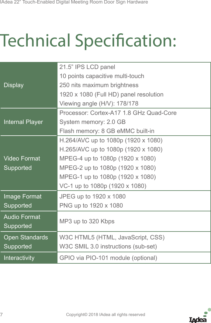 Page 7 of IAdea IAD18003 Smart Signboard User Manual