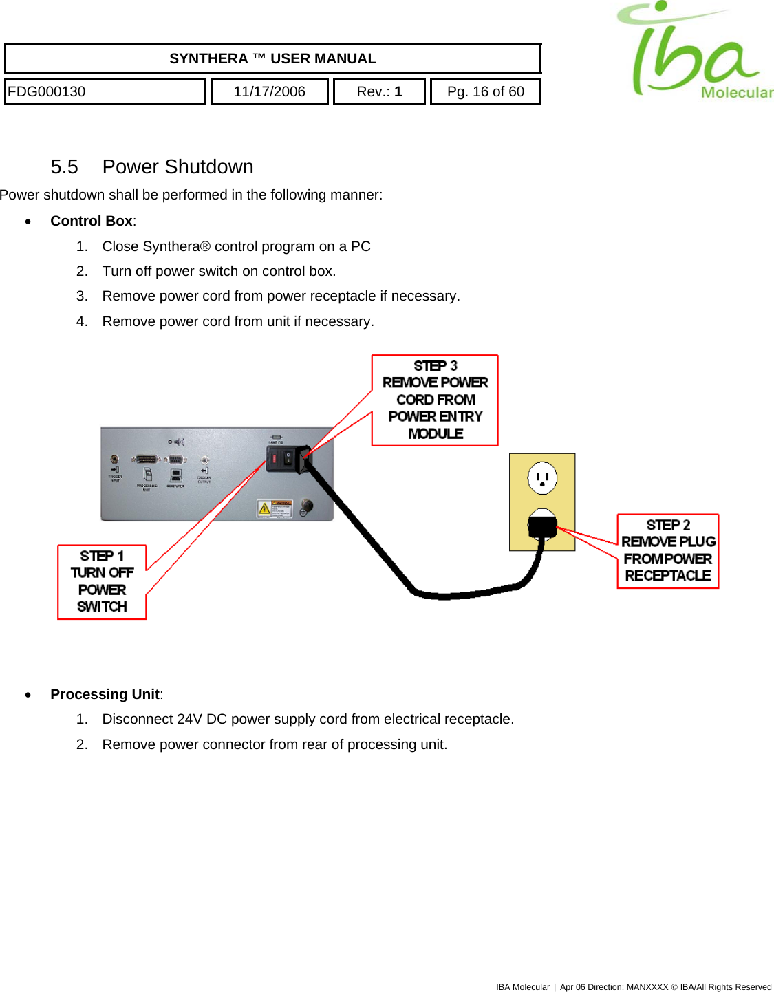    SYNTHERA ™ USER MANUAL  FDG000130  11/17/2006 Rev.: 1  Pg. 16 of 60  5.5 Power Shutdown Power shutdown shall be performed in the following manner: •  Control Box:  1.  Close Synthera® control program on a PC 2.  Turn off power switch on control box. 3.  Remove power cord from power receptacle if necessary. 4.  Remove power cord from unit if necessary.    •  Processing Unit:  1.  Disconnect 24V DC power supply cord from electrical receptacle. 2.  Remove power connector from rear of processing unit. IBA Molecular | Apr 06 Direction: MANXXXX © IBA/All Rights Reserved  