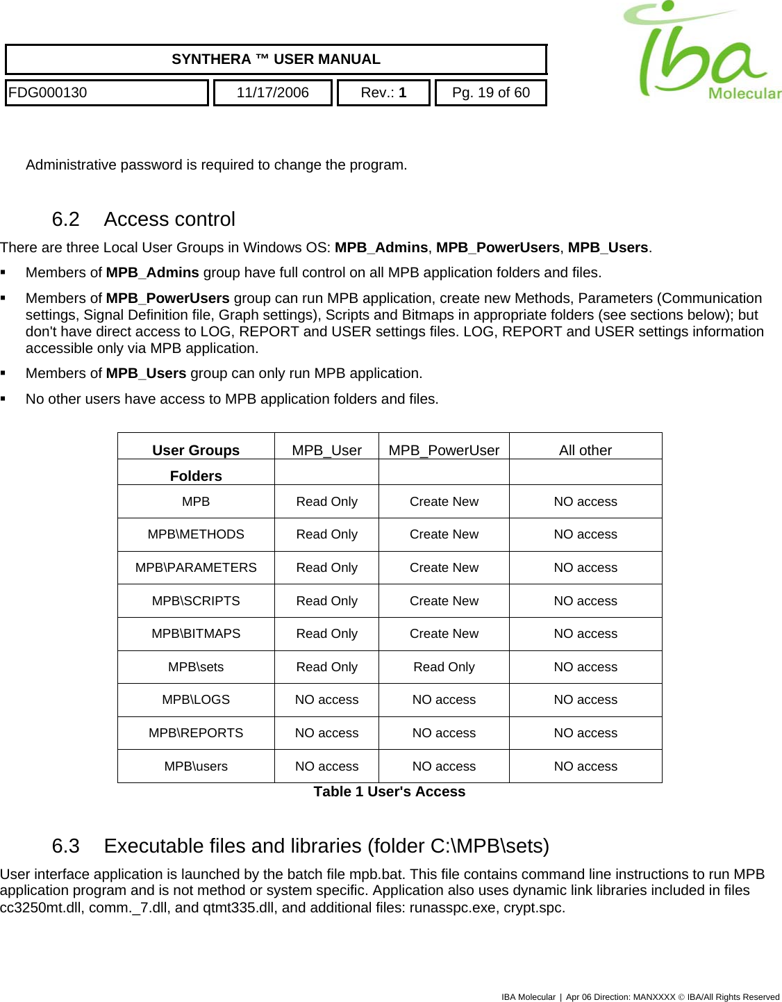    SYNTHERA ™ USER MANUAL  FDG000130  11/17/2006 Rev.: 1  Pg. 19 of 60  Administrative password is required to change the program.  6.2 Access control There are three Local User Groups in Windows OS: MPB_Admins, MPB_PowerUsers, MPB_Users.   Members of MPB_Admins group have full control on all MPB application folders and files.   Members of MPB_PowerUsers group can run MPB application, create new Methods, Parameters (Communication settings, Signal Definition file, Graph settings), Scripts and Bitmaps in appropriate folders (see sections below); but don&apos;t have direct access to LOG, REPORT and USER settings files. LOG, REPORT and USER settings information accessible only via MPB application.   Members of MPB_Users group can only run MPB application.   No other users have access to MPB application folders and files.  User Groups  MPB_User MPB_PowerUser  All other Folders      MPB  Read Only  Create New  NO access MPB\METHODS  Read Only  Create New  NO access MPB\PARAMETERS  Read Only  Create New  NO access MPB\SCRIPTS  Read Only  Create New  NO access MPB\BITMAPS  Read Only  Create New  NO access MPB\sets Read Only Read Only  NO access MPB\LOGS  NO access  NO access  NO access MPB\REPORTS  NO access  NO access  NO access MPB\users  NO access  NO access  NO access Table 1 User&apos;s Access  6.3  Executable files and libraries (folder C:\MPB\sets) User interface application is launched by the batch file mpb.bat. This file contains command line instructions to run MPB application program and is not method or system specific. Application also uses dynamic link libraries included in files cc3250mt.dll, comm._7.dll, and qtmt335.dll, and additional files: runasspc.exe, crypt.spc.  IBA Molecular | Apr 06 Direction: MANXXXX © IBA/All Rights Reserved  