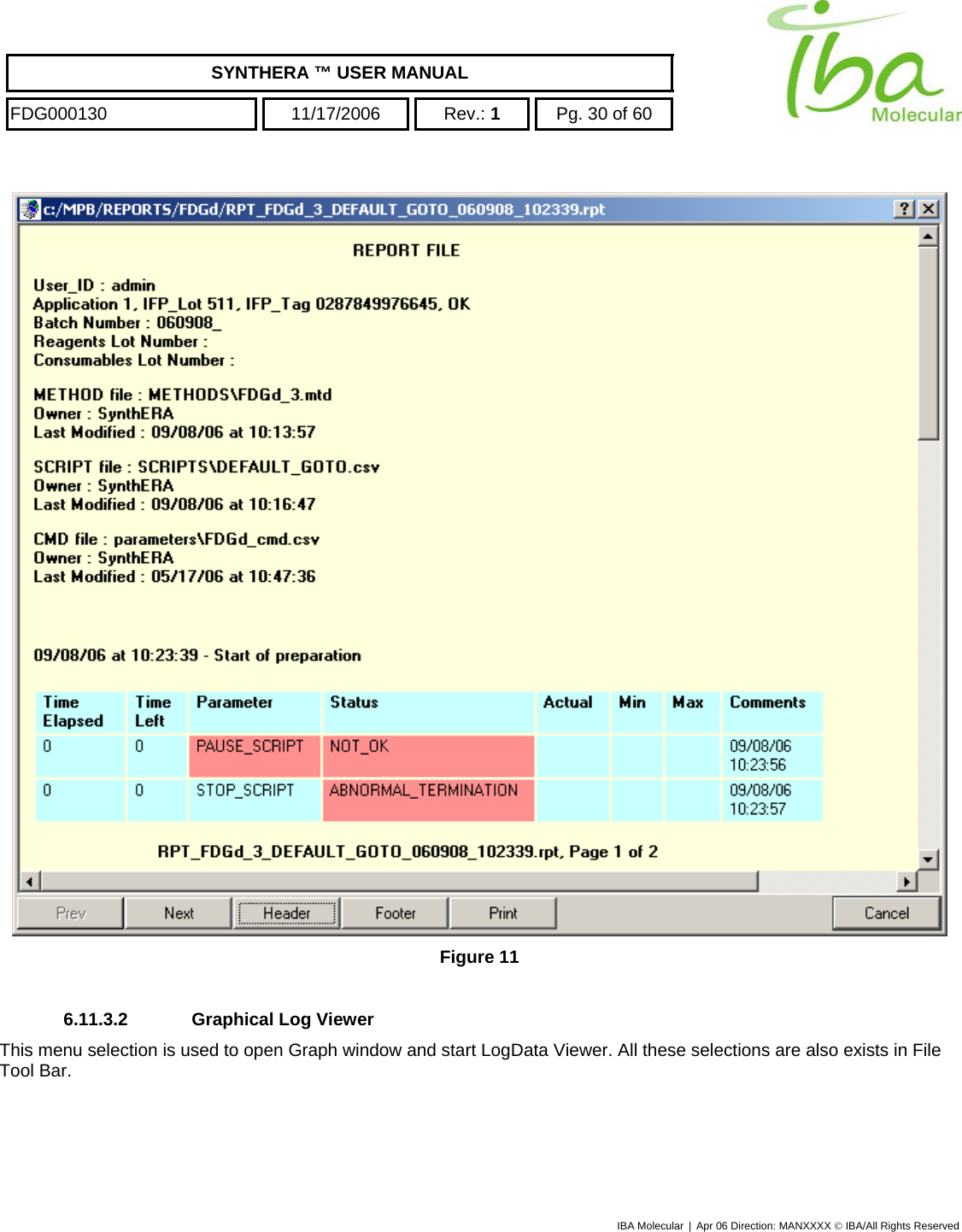    SYNTHERA ™ USER MANUAL  FDG000130  11/17/2006 Rev.: 1  Pg. 30 of 60  IBA Molecular | Apr 06 Direction: MANXXXX © IBA/All Rights Reserved   Figure 11  6.11.3.2  Graphical Log Viewer This menu selection is used to open Graph window and start LogData Viewer. All these selections are also exists in File Tool Bar. 