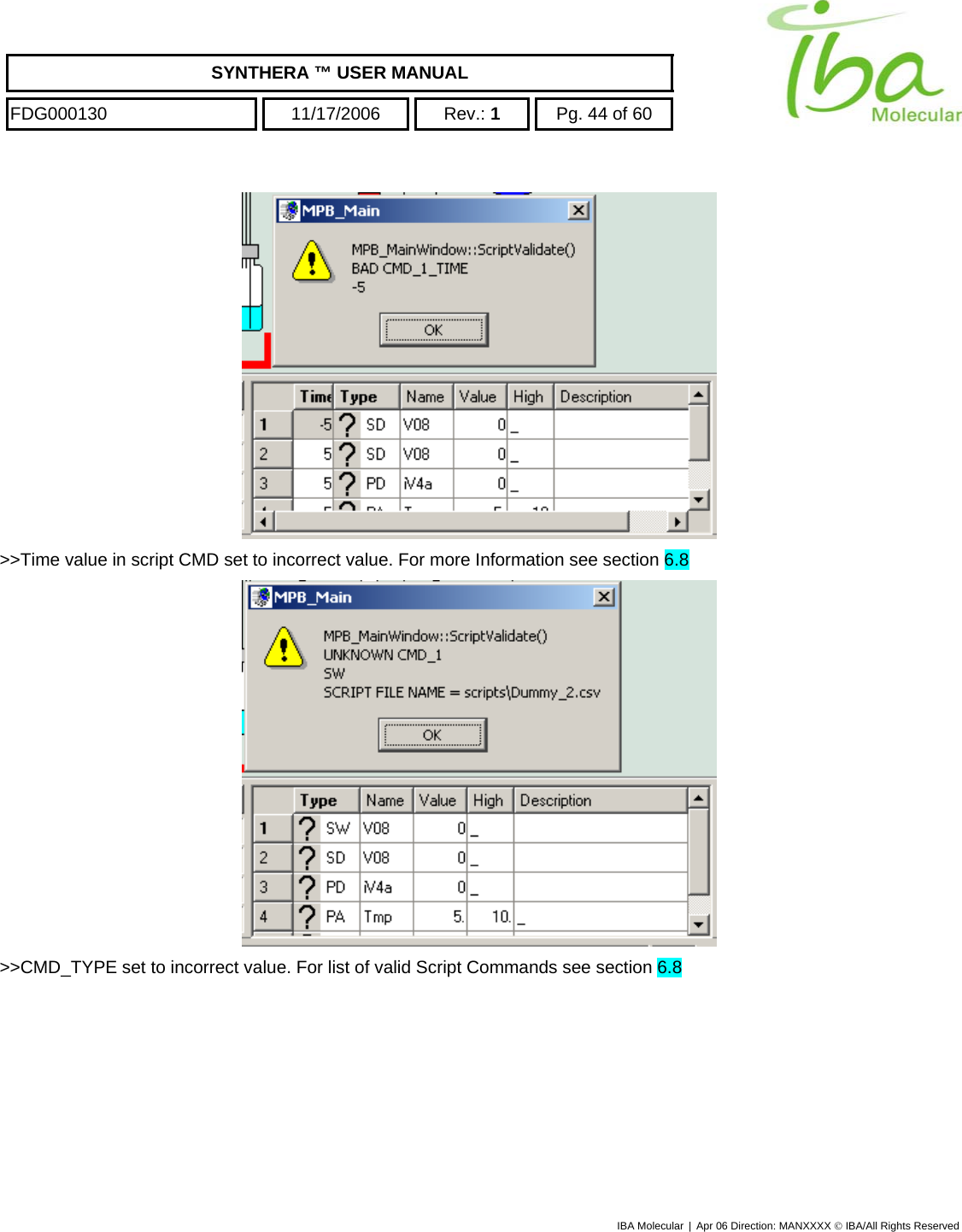    SYNTHERA ™ USER MANUAL  FDG000130  11/17/2006 Rev.: 1  Pg. 44 of 60  IBA Molecular | Apr 06 Direction: MANXXXX © IBA/All Rights Reserved   &gt;&gt;Time value in script CMD set to incorrect value. For more Information see section 6.8  &gt;&gt;CMD_TYPE set to incorrect value. For list of valid Script Commands see section 6.8 