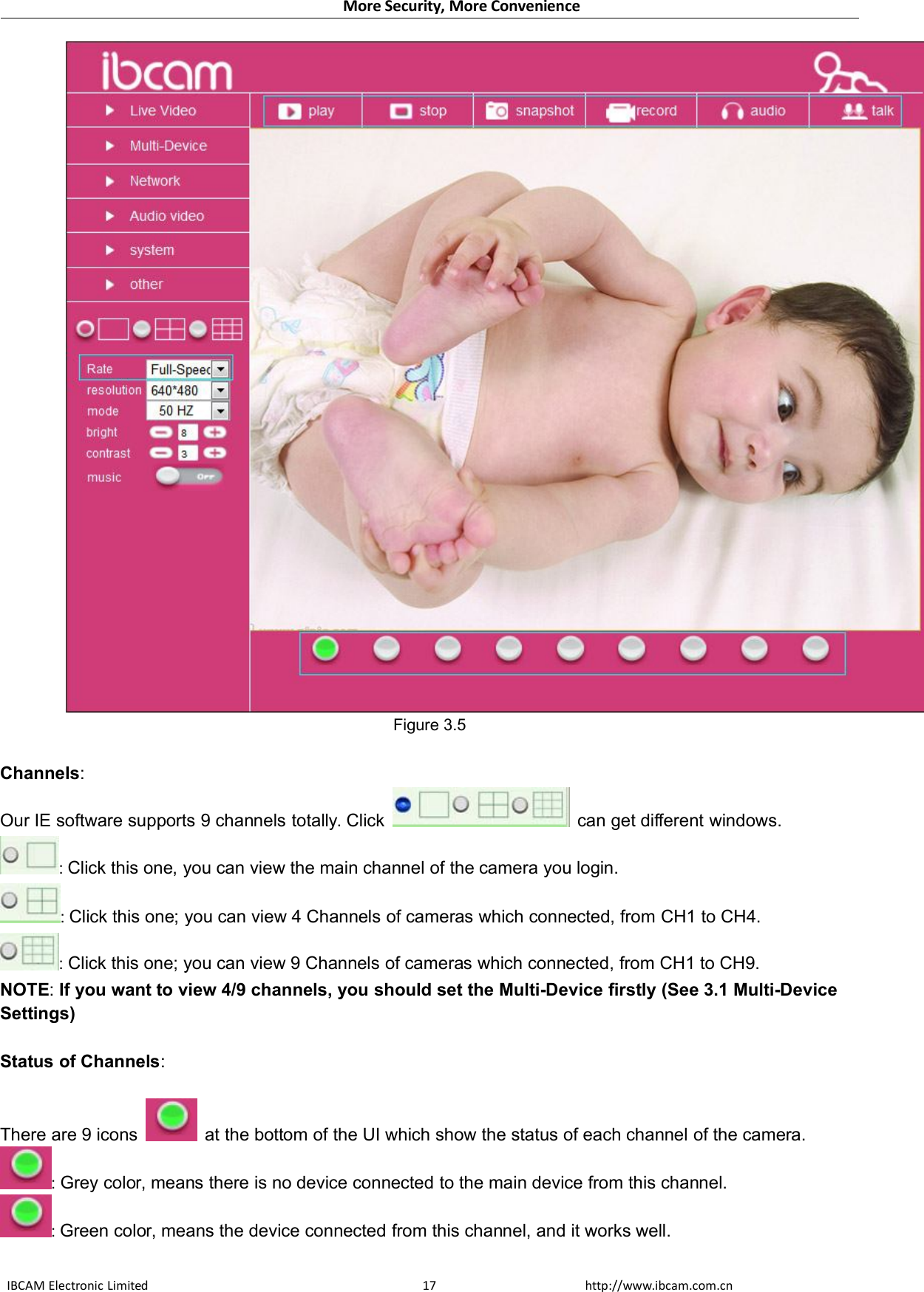 More Security, More ConvenienceIBCAM Electronic Limited http://www.ibcam.com.cn17Figure 3.5Channels:Our IE software supports 9 channels totally. Click can get different windows.:Click this one, you can view the main channel of the camera you login.:Click this one; you can view 4 Channels of cameras which connected, from CH1 to CH4.:Click this one; you can view 9 Channels of cameras which connected, from CH1 to CH9.NOTE:If you want to view 4/9 channels, you should set the Multi-Device firstly (See 3.1 Multi-DeviceSettings)Status of Channels:There are 9 icons at the bottom of the UI which show the status of each channel of the camera.:Grey color, means there is no device connected to the main device from this channel.:Green color, means the device connected from this channel, and it works well.