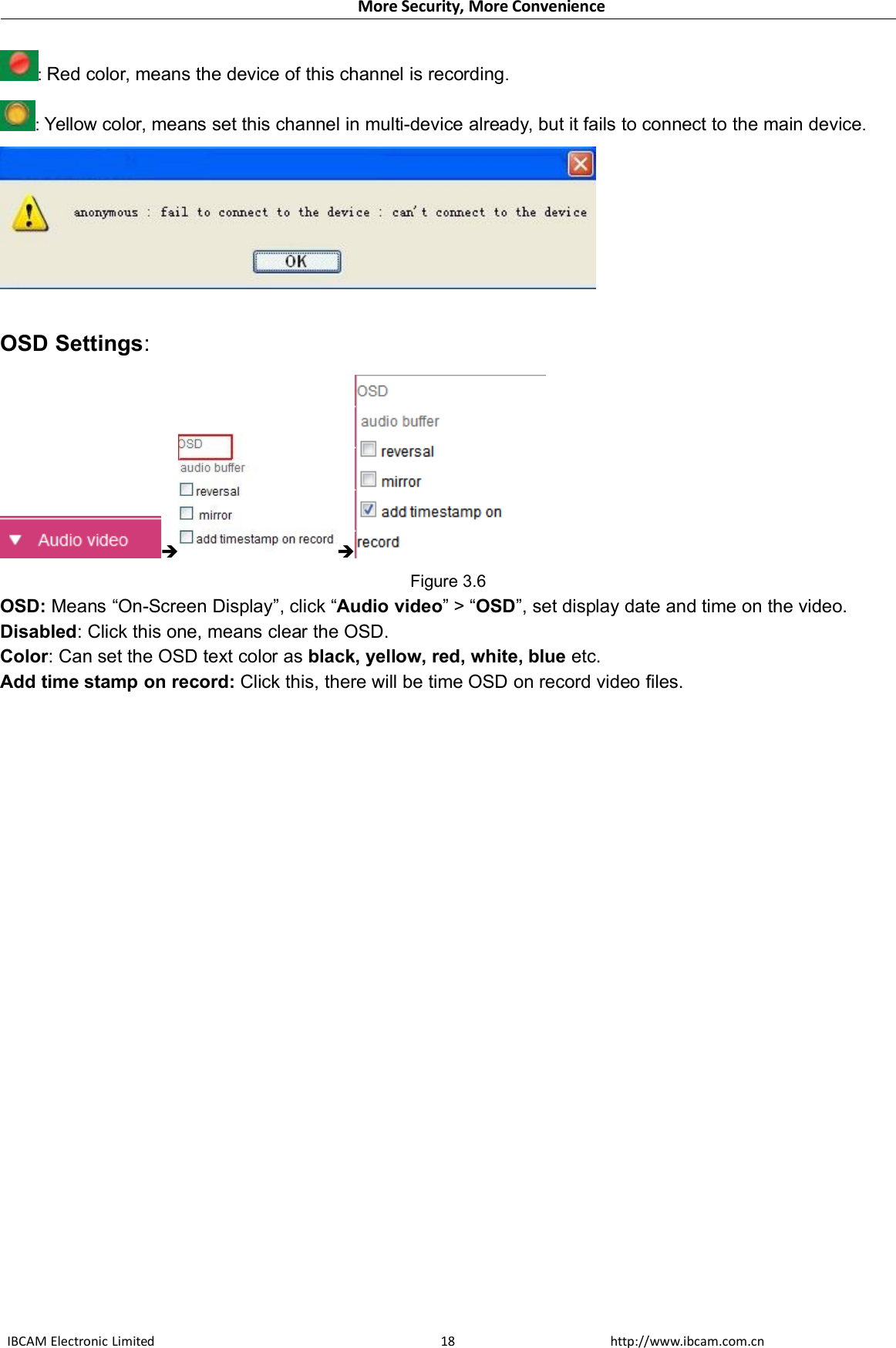 More Security, More ConvenienceIBCAM Electronic Limited http://www.ibcam.com.cn18:Red color, means the device of this channel is recording.:Yellow color, means set this channel in multi-device already, but it fails to connect to the main device.OSD Settings: Figure 3.6OSD: Means “On-Screen Display”, click “Audio video” &gt; “OSD”, set display date and time on the video.Disabled: Click this one, means clear the OSD.Color: Can set the OSD text color as black, yellow, red, white, blue etc.Add time stamp on record: Click this, there will be time OSD on record video files.