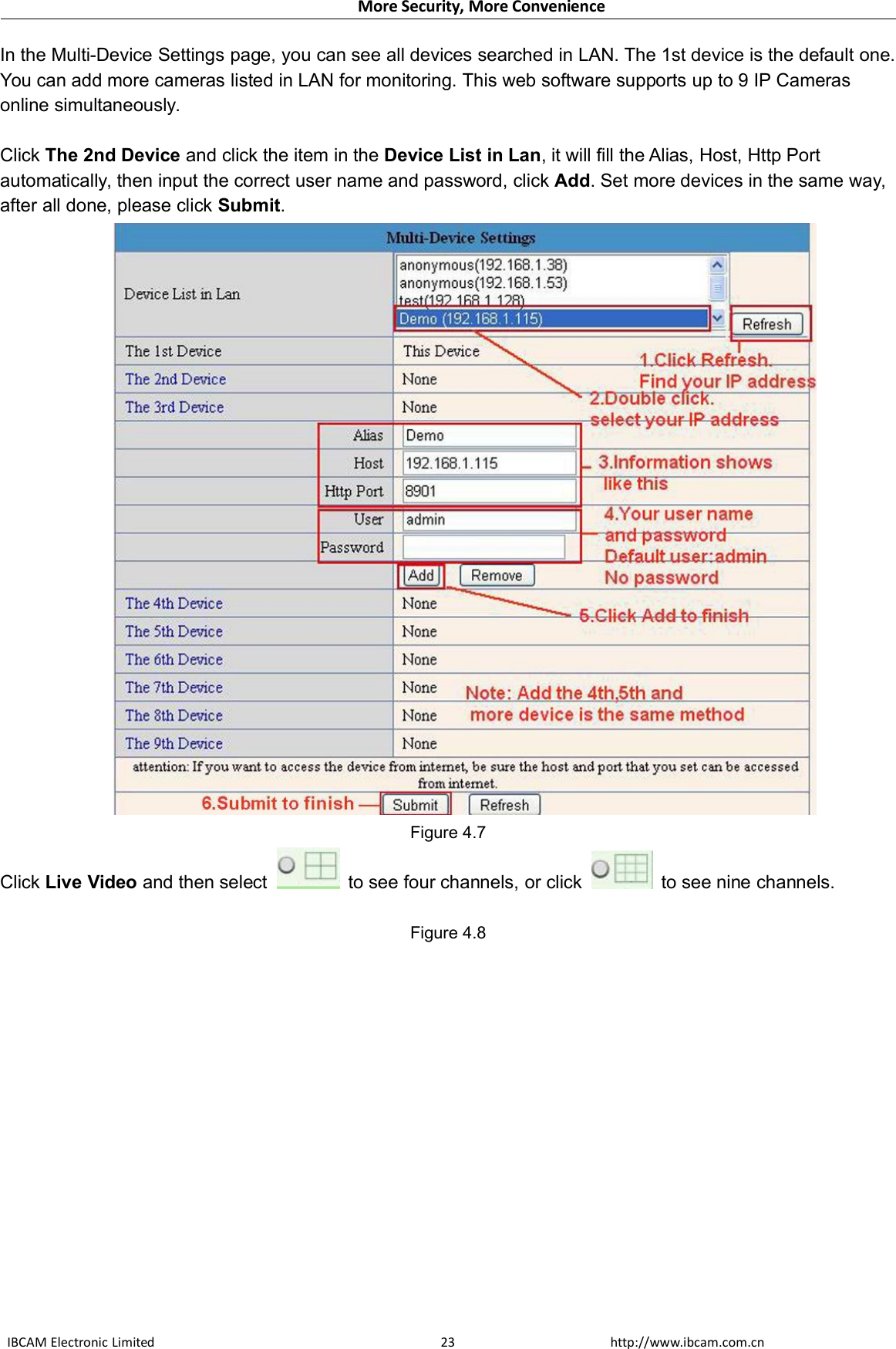 More Security, More ConvenienceIBCAM Electronic Limited http://www.ibcam.com.cn23In the Multi-Device Settings page, you can see all devices searched in LAN. The 1st device is the default one.You can add more cameras listed in LAN for monitoring. This web software supports up to 9 IP Camerasonline simultaneously.Click The 2nd Device and click the item in the Device List in Lan, it will fill the Alias, Host, Http Portautomatically, then input the correct user name and password, click Add. Set more devices in the same way,after all done, please click Submit.Figure 4.7Click Live Video and then select to see four channels, or click to see nine channels.Figure 4.8