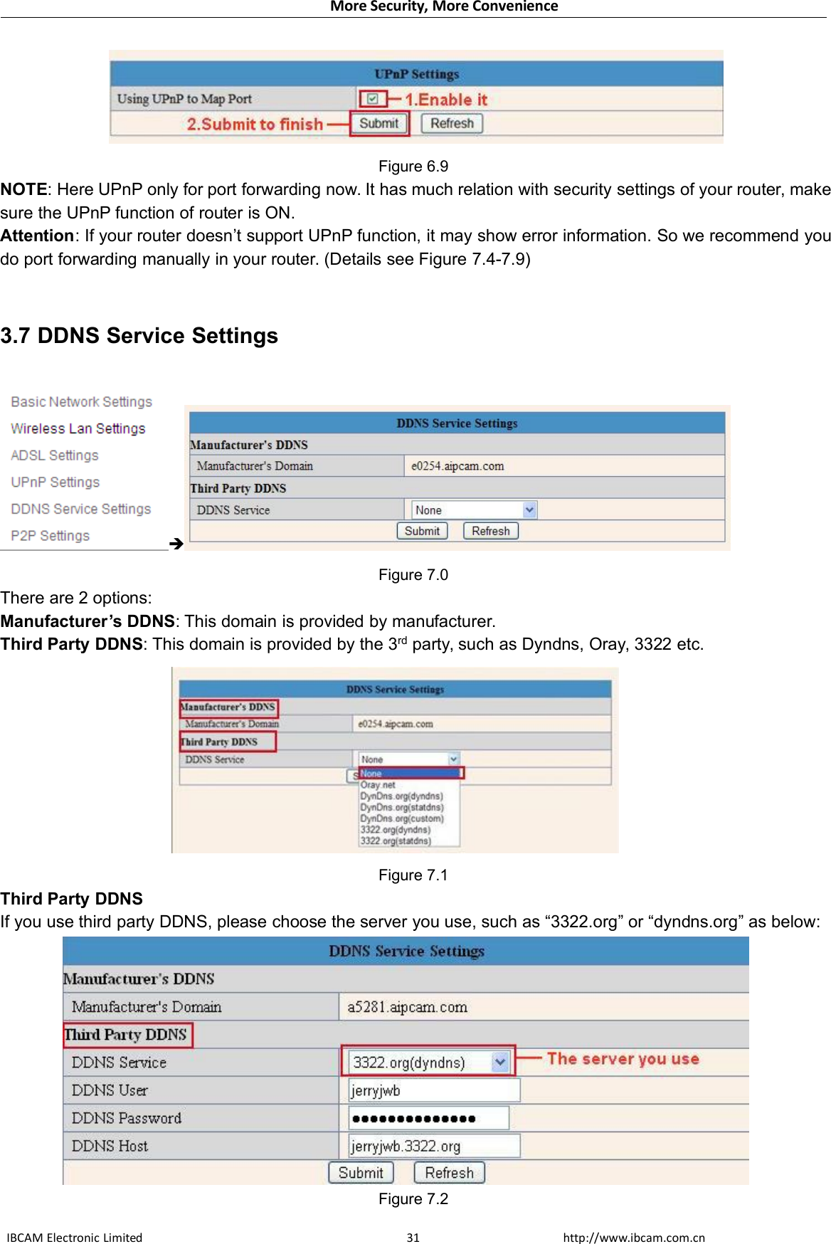 More Security, More ConvenienceIBCAM Electronic Limited http://www.ibcam.com.cn31Figure 6.9NOTE: Here UPnP only for port forwarding now. It has much relation with security settings of your router, makesure the UPnP function of router is ON.Attention: If your router doesn’t support UPnP function, it may show error information. So we recommend youdo port forwarding manually in your router. (Details see Figure 7.4-7.9)3.7 DDNS Service SettingsFigure 7.0There are 2 options:Manufacturer’s DDNS: This domain is provided by manufacturer.Third Party DDNS: This domain is provided by the 3rd party, such as Dyndns, Oray, 3322 etc.Figure 7.1Third Party DDNSIf you use third party DDNS, please choose the server you use, such as “3322.org” or “dyndns.org” as below:Figure 7.2