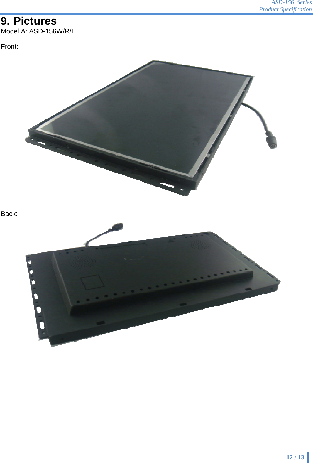  9.Mo Fro Ba  . Picturodel A: ASDont: ack: res D-156W/R/EE  AProduASD-156 Seruct Specificat 12 / 13 ries tion  