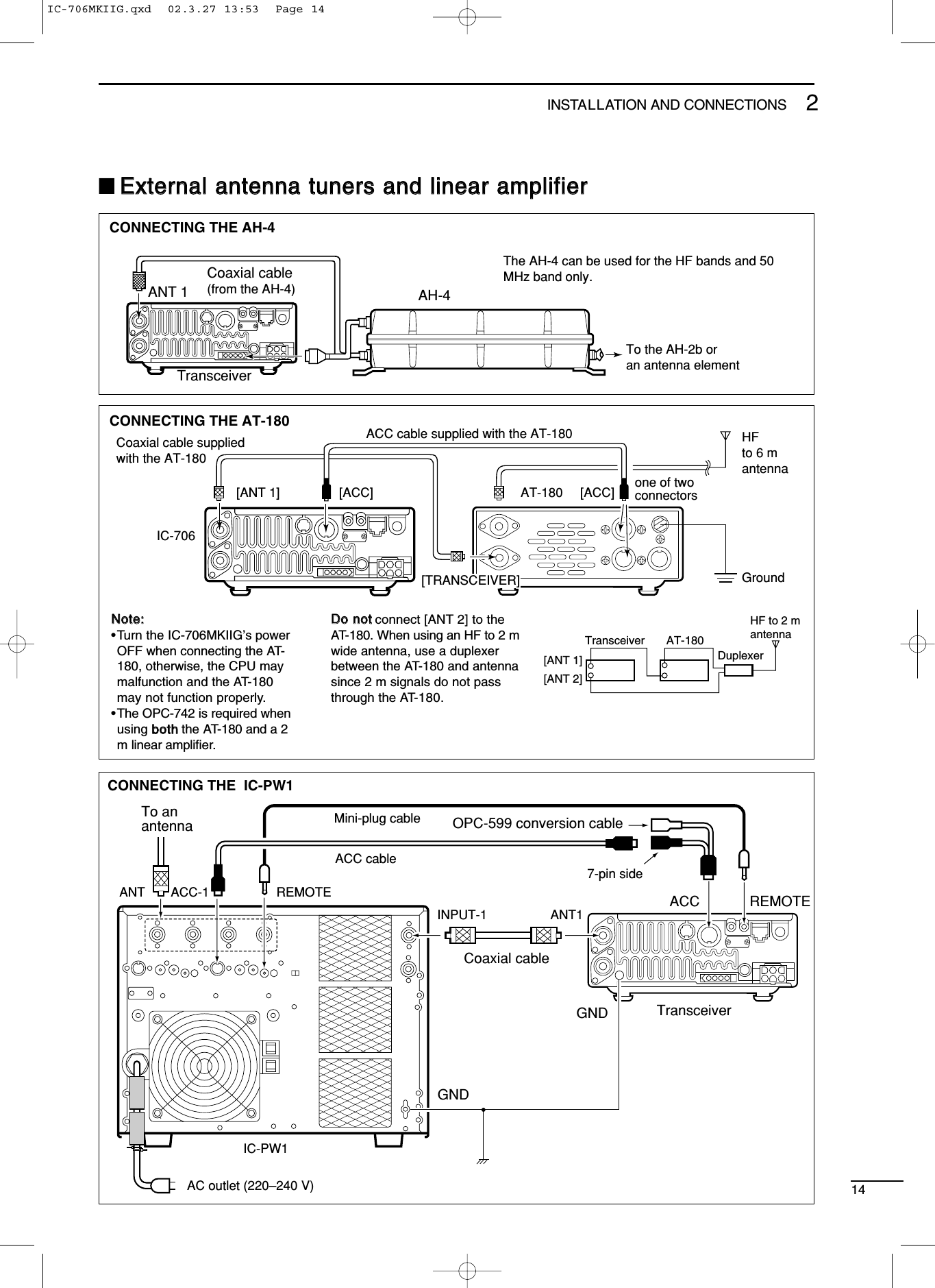 142INSTALLATION AND CONNECTIONS■EExxtteerrnnaall aanntteennnnaa ttuunneerrss aanndd lliinneeaarr aammpplliiffiieerrAH-4ANT 1TransceiverCoaxial cable(from the AH-4)To the AH-2b oran antenna elementCONNECTING THE AH-4The AH-4 can be used for the HF bands and 50 MHz band only.CONNECTING THE AT-180GroundHFto 6 mantenna[TRANSCEIVER][ANT 1] [ACC] [ACC]AT-180ACC cable supplied with the AT-180Coaxial cable suppliedwith the AT-180IC-706one of twoconnectorsACC-1 REMOTEINPUT-1 ANT1ANTMini-plug cableACC cable7-pin sideAC outlet (220–240 V)IC-PW1GNDGNDACC REMOTETransceiverCoaxial cableTo anantenna OPC-599 conversion cableCONNECTING THE  IC-PW1NNoottee::•Turn the IC-706MKIIG’s powerOFF when connecting the AT-180, otherwise, the CPU maymalfunction and the AT-180may not function properly.•The OPC-742 is required whenusing bbootthhthe AT-180 and a 2m linear ampliﬁer.DDoo nnoottconnect [ANT 2] to theAT-180. When using an HF to 2 mwide antenna, use a duplexerbetween the AT-180 and antennasince 2 m signals do not passthrough the AT-180.[ANT 1]TransceiverDuplexerHF to 2 mantennaAT-180[ANT 2]IC-706MKIIG.qxd  02.3.27 13:53  Page 14