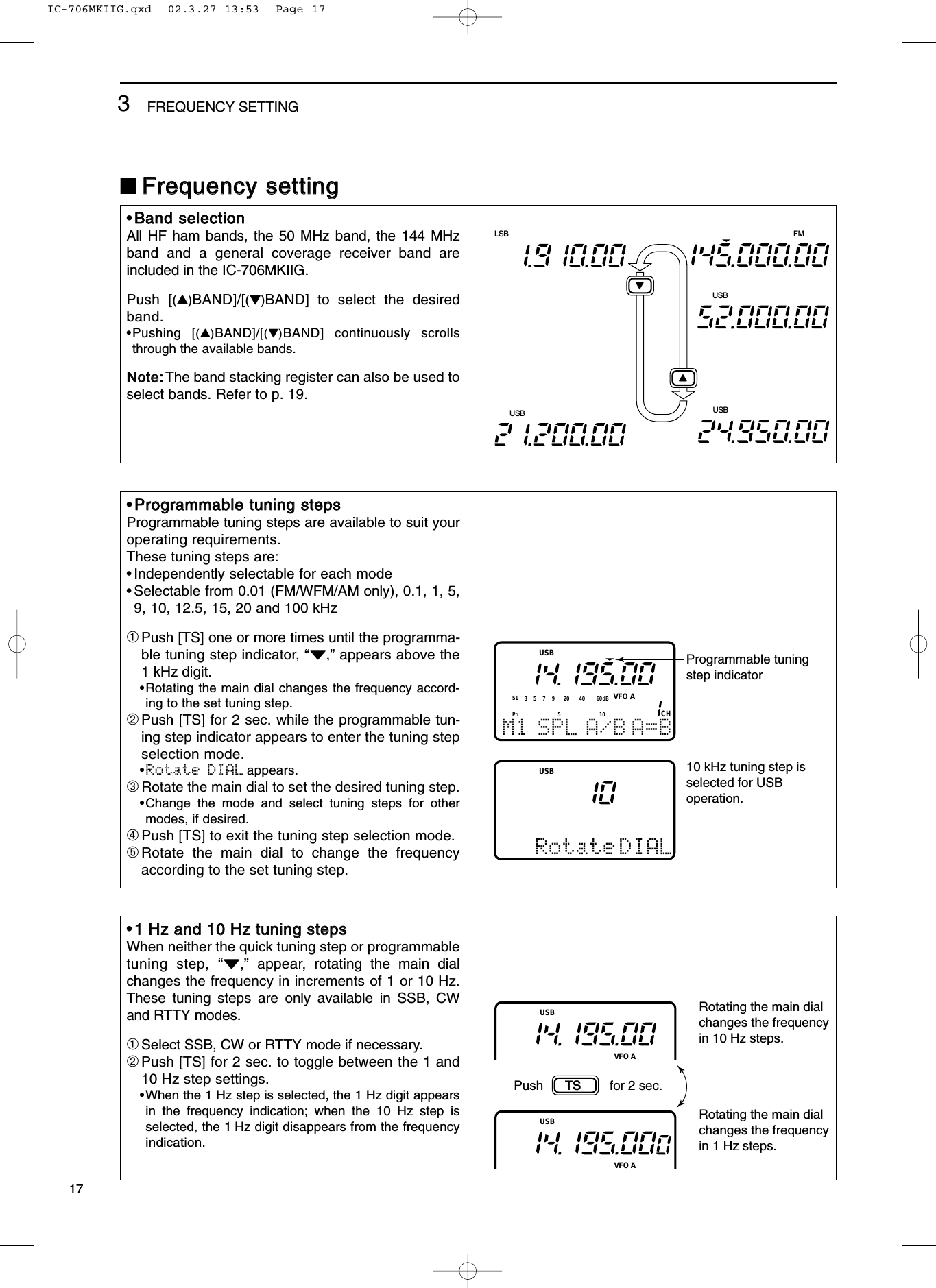 173FREQUENCY SETTING•PPrrooggrraammmmaabbllee ttuunniinngg sstteeppssProgrammable tuning steps are available to suit youroperating requirements.These tuning steps are:•Independently selectable for each mode•Selectable from 0.01 (FM/WFM/AM only), 0.1, 1, 5,9, 10, 12.5, 15, 20 and 100 kHz➀Push [TS] one or more times until the programma-ble tuning step indicator, “Z,” appears above the1 kHz digit.•Rotating the main dial changes the frequency accord-ing to the set tuning step.➁Push [TS] for 2 sec. while the programmable tun-ing step indicator appears to enter the tuning stepselection mode.•Rotate DIAL appears.➂Rotate the main dial to set the desired tuning step.•Change the mode and select tuning steps for othermodes, if desired.➃Push [TS] to exit the tuning step selection mode.➄Rotate the main dial to change the frequencyaccording to the set tuning step.•BBaanndd sseelleeccttiioonnAll HF ham bands, the 50 MHz band, the 144 MHzband and a general coverage receiver band areincluded in the IC-706MKIIG.Push [(Y)BAND]/[(Z)BAND] to select the desiredband.•Pushing [(Y)BAND]/[(Z)BAND] continuously scrollsthrough the available bands.NNoottee::The band stacking register can also be used toselect bands. Refer to p. 19.USBFMUSBUSBLSBZZ■FFrreeqquueennccyy sseettttiinnggProgrammable tuningstep indicator10 kHz tuning step isselected for USBoperation.CHVFO APOS15537920401060dBUSBUSBM1 A/B A=BDIALSPLRotate•11 HHzz aanndd 1100 HHzz ttuunniinngg sstteeppssWhen neither the quick tuning step or programmabletuning step, “Z,” appear, rotating the main dialchanges the frequency in increments of 1 or 10 Hz.These tuning steps are only available in SSB, CWand RTTY modes.➀Select SSB, CW or RTTY mode if necessary.➁Push [TS] for 2 sec. to toggle between the 1 and10 Hz step settings.•When the 1 Hz step is selected, the 1 Hz digit appearsin the frequency indication; when the 10 Hz step isselected, the 1 Hz digit disappears from the frequencyindication.Rotating the main dialchanges the frequencyin 10 Hz steps.Rotating the main dialchanges the frequencyin 1 Hz steps.TSPush for 2 sec.VFO AUSBVFO AUSBIC-706MKIIG.qxd  02.3.27 13:53  Page 17