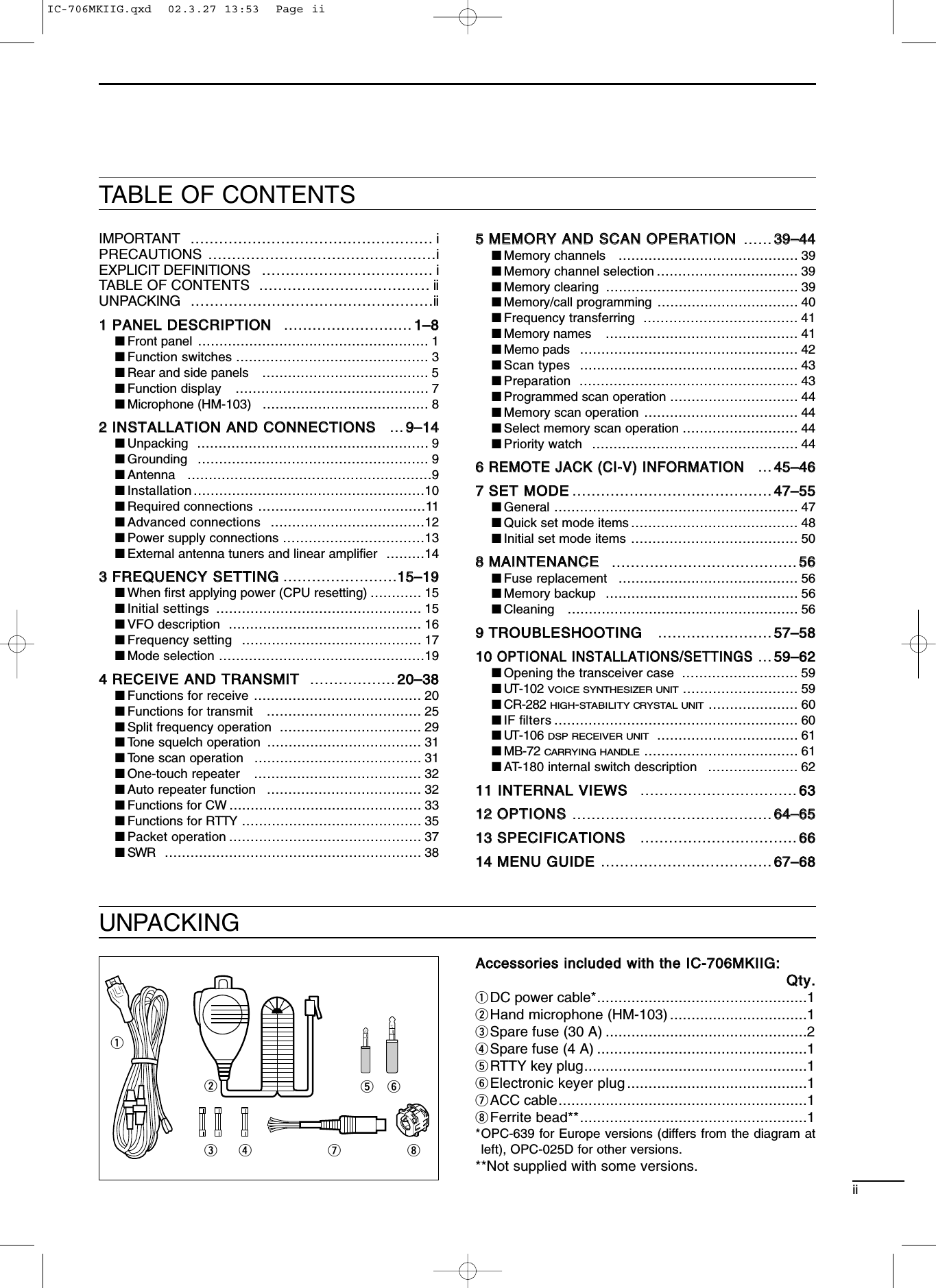 TABLE OF CONTENTSIMPORTANT …………………………………………… iPRECAUTIONS …………………………………………iEXPLICIT DEFINITIONS ……………………………… iTABLE OF CONTENTS ……………………………… iiUNPACKING ……………………………………………ii11PPAANNEELL DDEESSCCRRIIPPTTIIOONN……………………… 11––88■Front panel ……………………………………………… 1■Function switches ……………………………………… 3■Rear and side panels ………………………………… 5■Function display ……………………………………… 7■Microphone (HM-103) ………………………………… 822IINNSSTTAALLLLAATTIIOONN AANNDD CCOONNNNEECCTTIIOONNSS…99––1144■Unpacking ……………………………………………… 9■Grounding ……………………………………………… 9■Antenna …………………………………………………9■Installation………………………………………………10■Required connections …………………………………11■Advanced connections ………………………………12■Power supply connections ……………………………13■External antenna tuners and linear ampliﬁer ………1433FFRREEQQUUEENNCCYY SSEETTTTIINNGG……………………1155––1199■When ﬁrst applying power (CPU resetting) ………… 15■Initial settings ………………………………………… 15■VFO description ……………………………………… 16■Frequency setting …………………………………… 17■Mode selection …………………………………………1944RREECCEEIIVVEE AANNDD TTRRAANNSSMMIITT……………… 2200––3388■Functions for receive ………………………………… 20■Functions for transmit ……………………………… 25■Split frequency operation …………………………… 29■Tone squelch operation ……………………………… 31■Tone scan operation ………………………………… 31■One-touch repeater ………………………………… 32■Auto repeater function ……………………………… 32■Functions for CW ……………………………………… 33■Functions for RTTY …………………………………… 35■Packet operation ……………………………………… 37■SWR …………………………………………………… 3855MMEEMMOORRYY AANNDD SSCCAANN OOPPEERRAATTIIOONN…… 3399––4444■Memory channels …………………………………… 39■Memory channel selection …………………………… 39■Memory clearing ……………………………………… 39■Memory/call programming …………………………… 40■Frequency transferring ……………………………… 41■Memory names ……………………………………… 41■Memo pads …………………………………………… 42■Scan types …………………………………………… 43■Preparation …………………………………………… 43■Programmed scan operation ………………………… 44■Memory scan operation ……………………………… 44■Select memory scan operation ……………………… 44■Priority watch ………………………………………… 4466RREEMMOOTTEE JJAACCKK ((CCII--VV)) IINNFFOORRMMAATTIIOONN…4455––446677SSEETT MMOODDEE…………………………………… 4477––5555■General ………………………………………………… 47■Quick set mode items ………………………………… 48■Initial set mode items ………………………………… 5088MMAAIINNTTEENNAANNCCEE………………………………… 5566■Fuse replacement …………………………………… 56■Memory backup ……………………………………… 56■Cleaning ……………………………………………… 5699TTRROOUUBBLLEESSHHOOOOTTIINNGG…………………… 5577––55881100OOPPTTIIOONNAALL IINNSSTTAALLLLAATTIIOONNSS//SSEETTTTIINNGGSS…5599––6622■Opening the transceiver case ……………………… 59■UT-102 VOICE SYNTHESIZER UNIT……………………… 59■CR-282 HIGH-STABILITY CRYSTAL UNIT………………… 60■IF ﬁlters ………………………………………………… 60■UT-106 DSP RECEIVER UNIT…………………………… 61■MB-72 CARRYING HANDLE……………………………… 61■AT-180 internal switch description ………………… 621111 IINNTTEERRNNAALL VVIIEEWWSS…………………………… 66331122OOPPTTIIOONNSS…………………………………… 6644––66551133SSPPEECCIIFFIICCAATTIIOONNSS…………………………… 66661144MMEENNUU GGUUIIDDEE……………………………… 6677––6688iiUNPACKINGAAcccceessssoorriieess iinncclluuddeedd wwiitthh tthhee IICC--770066MMKKIIIIGG::QQttyy..qDC power cable*.................................................1wHand microphone (HM-103) ................................1eSpare fuse (30 A) ...............................................2rSpare fuse (4 A) .................................................1tRTTY key plug....................................................1yElectronic keyer plug ..........................................1uACC cable..........................................................1iFerrite bead**.....................................................1*OPC-639 for Europe versions (differs from the diagram atleft), OPC-025D for other versions.**Not supplied with some versions.qwerytuiIC-706MKIIG.qxd  02.3.27 13:53  Page ii