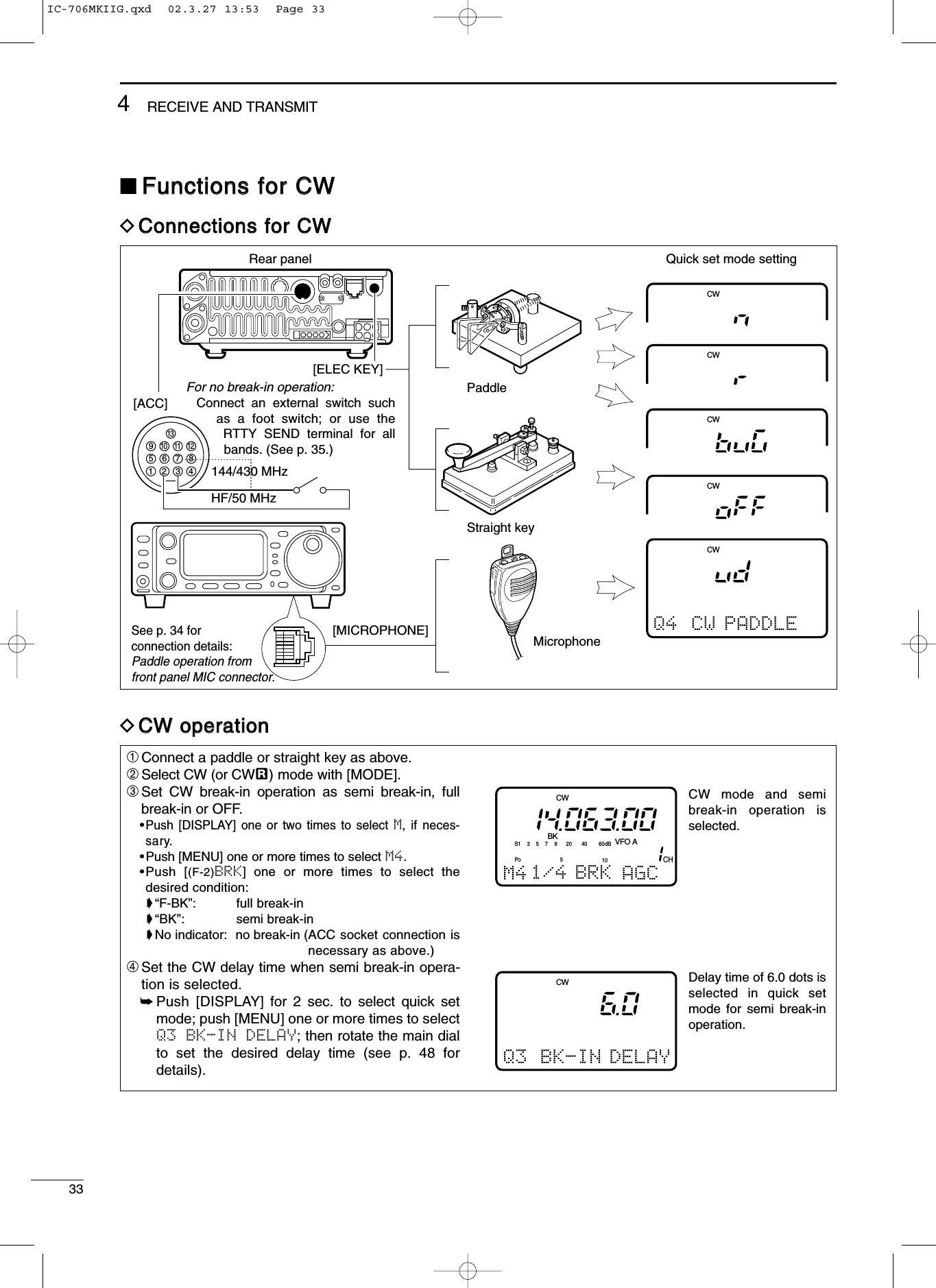 334RECEIVE AND TRANSMITDCCoonnnneeccttiioonnss ffoorr CCWWDCCWW ooppeerraattiioonn➀Connect a paddle or straight key as above.➁Select CW (or CWå) mode with [MODE].➂Set CW break-in operation as semi break-in, fullbreak-in or OFF.•Push [DISPLAY] one or two times to select M, if neces-sary.•Push [MENU] one or more times to select M4.•Push [(F-2)BRK] one or more times to select thedesired condition:➧“F-BK”: full break-in➧“BK”: semi break-in➧No indicator: no break-in (ACC socket connection isnecessary as above.)➃Set the CW delay time when semi break-in opera-tion is selected.➥Push [DISPLAY] for 2 sec. to select quick setmode; push [MENU] one or more times to selectQ3  BK-IN  DELAY; then rotate the main dialto set the desired delay time (see p. 48 fordetails).CWQ4 CW PADDLECWCWCWCWPaddle[ELEC KEY][MICROPHONE]See p. 34 forconnection details:Paddle operation fromfront panel MIC connector.Straight keyMicrophoneQuick set mode settingRear panel4812144/430 MHzHF/50 MHz[ACC]123765910 1113For no break-in operation:Connect an external switch such as a foot switch; or use the RTTY SEND terminal for all bands. (See p. 35.)■FFuunnccttiioonnss ffoorr CCWWBK VFO ACWCWQ3 BK-IN DELAYM4 BRK1/4 AGCCW mode and semi break-in operation is selected.Delay time of 6.0 dots is selected in quick set mode for semi break-in operation.CHPOS15537920401060dBIC-706MKIIG.qxd  02.3.27 13:53  Page 33