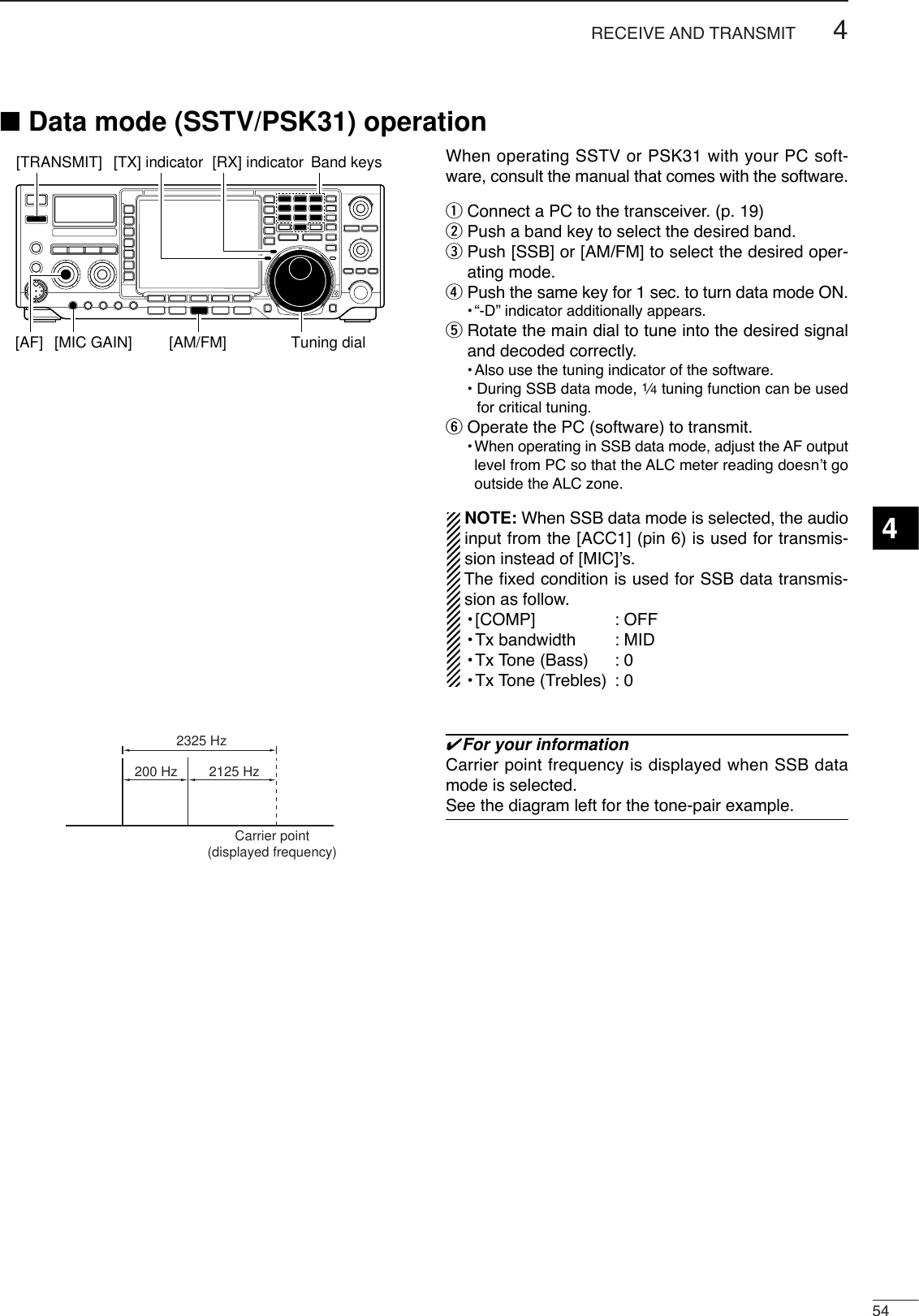 544RECEIVE AND TRANSMIT■Data mode (SSTV/PSK31) operation4When operating SSTV or PSK31 with your PC soft-ware, consult the manual that comes with the software.qConnect a PC to the transceiver. (p. 19)wPush a band key to select the desired band.ePush [SSB] or [AM/FM] to select the desired oper-ating mode.rPush the same key for 1 sec. to turn data mode ON.•“-D” indicator additionally appears.tRotate the main dial to tune into the desired signaland decoded correctly.•Also use the tuning indicator of the software.• During SSB data mode, 1⁄4tuning function can be usedfor critical tuning.yOperate the PC (software) to transmit.•When operating in SSB data mode, adjust the AF outputlevel from PC so that the ALC meter reading doesn’t gooutside the ALC zone.NOTE: When SSB data mode is selected, the audioinput from the [ACC1] (pin 6) is used for transmis-sion instead of [MIC]’s.The ﬁxed condition is used for SSB data transmis-sion as follow.•[COMP] : OFF•Tx bandwidth : MID•Tx Tone (Bass) : 0•Tx Tone (Trebles) : 0✔For your informationCarrier point frequency is displayed when SSB datamode is selected.See the diagram left for the tone-pair example.200 Hz 2125 Hz2325 HzCarrier point(displayed frequency)[TRANSMIT][AM/FM][AF] [MIC GAIN] Tuning dial[TX] indicator [RX] indicator Band keys