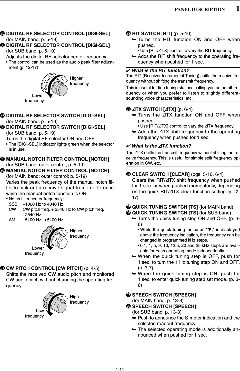 1-11*5 DIGITAL RF SELECTOR CONTROL [DIGI-SEL](for MAIN band; p. 5-19)*6 DIGITAL RF SELECTOR CONTROL [DIGI-SEL](for SUB band; p. 5-19)Adjusts the digital RF selector center frequency.• The control can be used as the audio peak filter adjust-ment (p. 12-17)*7 DIGITAL RF SELECTOR SWITCH [DIGI-SEL](for MAIN band; p. 5-19)*8 DIGITAL RF SELECTOR SWITCH [DIGI-SEL](for SUB band; p. 5-19)Turns the digital RF selector ON and OFF.• The [DIGI-SEL] indicator lights green when the selectoris in use.*9 MANUAL NOTCH FILTER CONTROL [NOTCH](for SUB band; outer control; p. 5-19)(0 MANUAL NOTCH FILTER CONTROL [NOTCH](for MAIN band; outer control; p. 5-19)Varies the peak frequency of the manual notch fil-ter to pick out a receive signal from interferencewhile the manual notch function is ON.• Notch filter center frequency:SSB : –1060 Hz to 4040 HzCW : CW pitch freq. + 2540 Hz to CW pitch freq.–2540 Hz AM : –5100 Hz to 5100 Hz(1 CW PITCH CONTROL [CW PITCH] (p. 4-5)Shifts the received CW audio pitch and monitoredCW audio pitch without changing the operating fre-quency.(2 RIT SWITCH [RIT] (p. 5-10)➥Turns the RIT function ON and OFF whenpushed.• Use [RIT/∂TX] control to vary the RIT frequency.➥Adds the RIT shift frequency to the operating fre-quency when pushed for 1 sec.✔What is the RIT function?The RIT (Receiver Incremental Tuning) shifts the receive fre-quency without shifting the transmit frequency.This is useful for fine tuning stations calling you on an off-fre-quency or when you prefer to listen to slightly different-sounding voice characteristics, etc.(3 ∂TX SWITCH [∂TX] (p. 6-4)➥Turns the ∂TX function ON and OFF whenpushed.• Use [RIT/∂TX] control to vary the ∂TX frequency.➥Adds the ∂TX shift frequency to the operatingfrequency when pushed for 1 sec.✔What is the ∂TX function?The ∂TX shifts the transmit frequency without shifting the re-ceive frequency. This is useful for simple split frequency op-eration in CW, etc.(4 CLEAR SWITCH [CLEAR] (pgs. 5-10, 6-4)Clears the RIT/∂TX shift frequency when pushedfor 1 sec. or when pushed momentarily, dependingon the quick RIT/∂TX clear function setting (p. 12-17).(5 QUICK TUNING SWITCH [TS] (for MAIN band)(6 QUICK TUNING SWITCH [TS] (for SUB band)➥Turns the quick tuning step ON and OFF. (p. 3-6)• While the quick tuning indicator, “Z,” is displayedabove the frequency indication, the frequency can bechanged in programmed kHz steps.• 0.1, 1, 5, 9, 10, 12.5, 20 and 25 kHz steps are avail-able for each operating mode independently.➥When the quick tuning step is OFF, push for1 sec. to turn the 1 Hz tuning step ON and OFF.(p. 3-7)➥When the quick tuning step is ON, push for1 sec. to enter quick tuning step set mode. (p. 3-6)(7 SPEECH SWITCH [SPEECH] (for MAIN band; p. 13-3)(8 SPEECH SWITCH [SPEECH] (for SUB band; p. 13-3)➥Push to announce the S-meter indication and theselected readout frequency.➥The selected operating mode is additionally an-nounced when pushed for 1 sec.HighfrequencyLowfrequencyHigherfrequencyLowerfrequencyHigherfrequencyLowerfrequency1PANEL DESCRIPTION