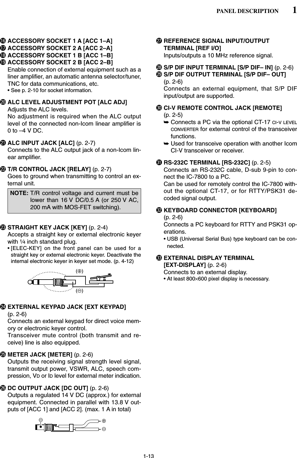 1-13!6 ACCESSORY SOCKET 1 A [ACC 1–A]!7 ACCESSORY SOCKET 2 A [ACC 2–A]!8 ACCESSORY SOCKET 1 B [ACC 1–B]!9 ACCESSORY SOCKET 2 B [ACC 2–B]Enable connection of external equipment such as aliner amplifier, an automatic antenna selector/tuner,TNC for data communications, etc.• See p. 2-10 for socket information.@0 ALC LEVEL ADJUSTMENT POT [ALC ADJ] Adjusts the ALC levels.No adjustment is required when the ALC outputlevel of the connected non-Icom linear amplifier is0 to –4 V DC.@1 ALC INPUT JACK [ALC] (p. 2-7)Connects to the ALC output jack of a non-Icom lin-ear amplifier.@2 T/R CONTROL JACK [RELAY] (p. 2-7)Goes to ground when transmitting to control an ex-ternal unit.@3 STRAIGHT KEY JACK [KEY] (p. 2-4)Accepts a straight key or external electronic keyerwith 1⁄4inch standard plug.• [ELEC-KEY] on the front panel can be used for astraight key or external electronic keyer. Deactivate theinternal electronic keyer in keyer set mode. (p. 4-12)@4 EXTERNAL KEYPAD JACK [EXT KEYPAD] (p. 2-6)Connects an external keypad for direct voice mem-ory or electronic keyer control.Transceiver mute control (both transmit and re-ceive) line is also equipped.@5 METER JACK [METER] (p. 2-6)Outputs the receiving signal strength level signal,transmit output power, VSWR, ALC, speech com-pression, VDor IDlevel for external meter indication.@6 DC OUTPUT JACK [DC OUT] (p. 2-6)Outputs a regulated 14 V DC (approx.) for externalequipment. Connected in parallel with 13.8 V out-puts of [ACC 1] and [ACC 2]. (max. 1 A in total)@7 REFERENCE SIGNAL INPUT/OUTPUT TERMINAL [REF I/O]Inputs/outputs a 10 MHz reference signal.@8 S/P DIF INPUT TERMINAL [S/P DIF– IN] (p. 2-6)@9 S/P DIF OUTPUT TERMINAL [S/P DIF– OUT] (p. 2-6)Connects an external equipment, that S/P DIFinput/output are supported.#0 CI-V REMOTE CONTROL JACK [REMOTE] (p. 2-5)➥Connects a PC via the optional CT-17 CI-V LEVELCONVERTER for external control of the transceiverfunctions.➥Used for transceive operation with another IcomCI-V transceiver or receiver.#1 RS-232C TERMINAL [RS-232C] (p. 2-5)Connects an RS-232C cable, D-sub 9-pin to con-nect the IC-7800 to a PC. Can be used for remotely control the IC-7800 with-out the optional CT-17, or for RTTY/PSK31 de-coded signal output.#2 KEYBOARD CONNECTOR [KEYBOARD] (p. 2-6)Connects a PC keyboard for RTTY and PSK31 op-erations.• USB (Universal Serial Bus) type keyboard can be con-nected.#3 EXTERNAL DISPLAY TERMINAL[EXT-DISPLAY] (p. 2-6)Connects to an external display.• At least 800×600 pixel display is necessary.+__(+)(_)NOTE: T/R control voltage and current must belower than 16 V DC/0.5 A (or 250 V AC,200 mA with MOS-FET switching).1PANEL DESCRIPTION