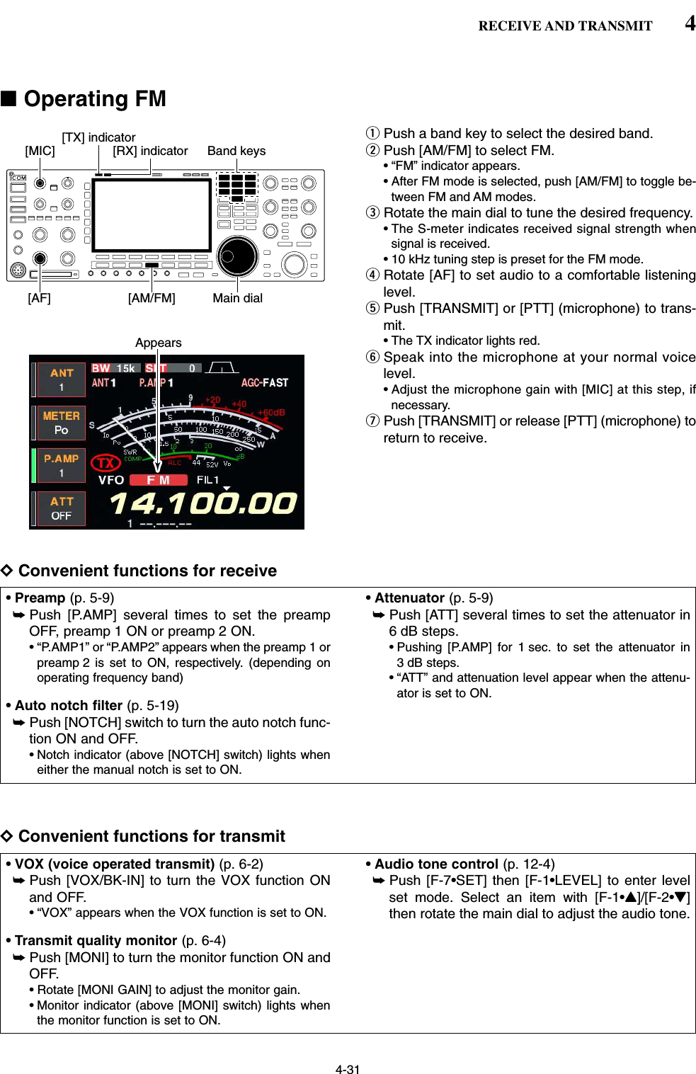 4-31■Operating FMqPush a band key to select the desired band.wPush [AM/FM] to select FM.• “FM” indicator appears.• After FM mode is selected, push [AM/FM] to toggle be-tween FM and AM modes.eRotate the main dial to tune the desired frequency.• The S-meter indicates received signal strength whensignal is received.• 10 kHz tuning step is preset for the FM mode.rRotate [AF] to set audio to a comfortable listeninglevel.tPush [TRANSMIT] or [PTT] (microphone) to trans-mit.• The TX indicator lights red.ySpeak into the microphone at your normal voicelevel.• Adjust the microphone gain with [MIC] at this step, ifnecessary.uPush [TRANSMIT] or release [PTT] (microphone) toreturn to receive.DConvenient functions for receiveDConvenient functions for transmit• VOX (voice operated transmit) (p. 6-2)➥Push [VOX/BK-IN] to turn the VOX function ONand OFF.• “VOX” appears when the VOX function is set to ON.• Transmit quality monitor (p. 6-4)➥Push [MONI] to turn the monitor function ON andOFF.• Rotate [MONI GAIN] to adjust the monitor gain.• Monitor indicator (above [MONI] switch) lights whenthe monitor function is set to ON.• Audio tone control (p. 12-4)➥Push [F-7•SET] then [F-1•LEVEL] to enter levelset mode. Select an item with [F-1•Y]/[F-2•Z]then rotate the main dial to adjust the audio tone.• Preamp (p. 5-9)➥Push [P.AMP] several times to set the preampOFF, preamp 1 ON or preamp 2 ON.• “P.AMP1” or “P.AMP2” appears when the preamp 1 orpreamp 2 is set to ON, respectively. (depending onoperating frequency band)• Auto notch filter (p. 5-19)➥Push [NOTCH] switch to turn the auto notch func-tion ON and OFF.• Notch indicator (above [NOTCH] switch) lights wheneither the manual notch is set to ON.• Attenuator (p. 5-9)➥Push [ATT] several times to set the attenuator in6 dB steps.• Pushing [P.AMP] for 1 sec. to set the attenuator in3 dB steps.• “ATT” and attenuation level appear when the attenu-ator is set to ON.Appears[TX] indicator[MIC] [RX] indicator[AM/FM][AF] Main dialBand keys4RECEIVE AND TRANSMIT