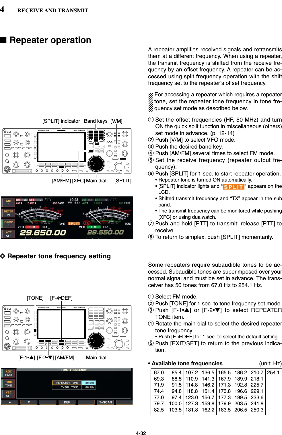 4-32■Repeater operationA repeater amplifies received signals and retransmitsthem at a different frequency. When using a repeater,the transmit frequency is shifted from the receive fre-quency by an offset frequency. A repeater can be ac-cessed using split frequency operation with the shiftfrequency set to the repeater’s offset frequency.For accessing a repeater which requires a repeatertone, set the repeater tone frequency in tone fre-quency set mode as described below.qSet the offset frequencies (HF, 50 MHz) and turnON the quick split function in miscellaneous (others)set mode in advance. (p. 12-14)wPush [V/M] to select VFO mode.ePush the desired band key.rPush [AM/FM] several times to select FM mode.tSet the receive frequency (repeater output fre-quency).yPush [SPLIT] for 1 sec. to start repeater operation.• Repeater tone is turned ON automatically.• [SPLIT] indicator lights and “ ” appears on theLCD.• Shifted transmit frequency and “TX” appear in the subband.• The transmit frequency can be monitored while pushing[XFC] or using dualwatch.uPush and hold [PTT] to transmit; release [PTT] toreceive.iTo return to simplex, push [SPLIT] momentarily.DRepeater tone frequency settingSome repeaters require subaudible tones to be ac-cessed. Subaudible tones are superimposed over yournormal signal and must be set in advance. The trans-ceiver has 50 tones from 67.0 Hz to 254.1 Hz.qSelect FM mode.wPush [TONE] for 1 sec. to tone frequency set mode.ePush [F-1•Y] or [F-2•Z] to select REPEATERTONE item.rRotate the main dial to select the desired repeatertone frequency.• Push [F-4•DEF] for 1 sec. to select the default setting.tPush [EXIT/SET] to return to the previous indica-tion.• Available tone frequencies (unit: Hz)[AM/FM][F-1•Y] [F-2•Z] Main dial[F-4•DEF][TONE][V/M][AM/FM] [XFC] [SPLIT]Main dialBand keys[SPLIT] indicator4RECEIVE AND TRANSMIT67.069.371.974.477.079.782.5085.4088.5091.5094.8097.4100.0103.5107.2110.9114.8118.8123.0127.3131.8136.5141.3146.2151.4156.7159.8162.2165.5167.9171.3173.8177.3179.9183.5186.2189.9192.8196.6199.5203.5206.5210.7218.1225.7229.1233.6241.8250.3254.1