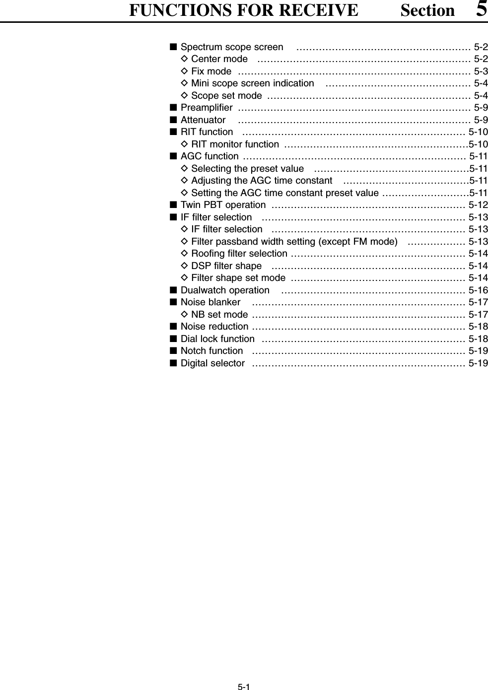 5-1FUNCTIONS FOR RECEIVE Section 5■Spectrum scope screen  ……………………………………………… 5-2DCenter mode  ………………………………………………………… 5-2DFix mode  ……………………………………………………………… 5-3DMini scope screen indication  ……………………………………… 5-4DScope set mode  ……………………………………………………… 5-4■Preamplifier ……………………………………………………………… 5-9■Attenuator ……………………………………………………………… 5-9■RIT function …………………………………………………………… 5-10DRIT monitor function  …………………………………………………5-10■AGC function …………………………………………………………… 5-11DSelecting the preset value  …………………………………………5-11DAdjusting the AGC time constant  …………………………………5-11DSetting the AGC time constant preset value ………………………5-11■Twin PBT operation  …………………………………………………… 5-12■IF filter selection  ……………………………………………………… 5-13DIF filter selection  …………………………………………………… 5-13DFilter passband width setting (except FM mode)  ……………… 5-13DRoofing filter selection ……………………………………………… 5-14DDSP filter shape  …………………………………………………… 5-14DFilter shape set mode  ……………………………………………… 5-14■Dualwatch operation  ………………………………………………… 5-16■Noise blanker  ………………………………………………………… 5-17DNB set mode ………………………………………………………… 5-17■Noise reduction ………………………………………………………… 5-18■Dial lock function  ……………………………………………………… 5-18■Notch function  ………………………………………………………… 5-19■Digital selector  ………………………………………………………… 5-19