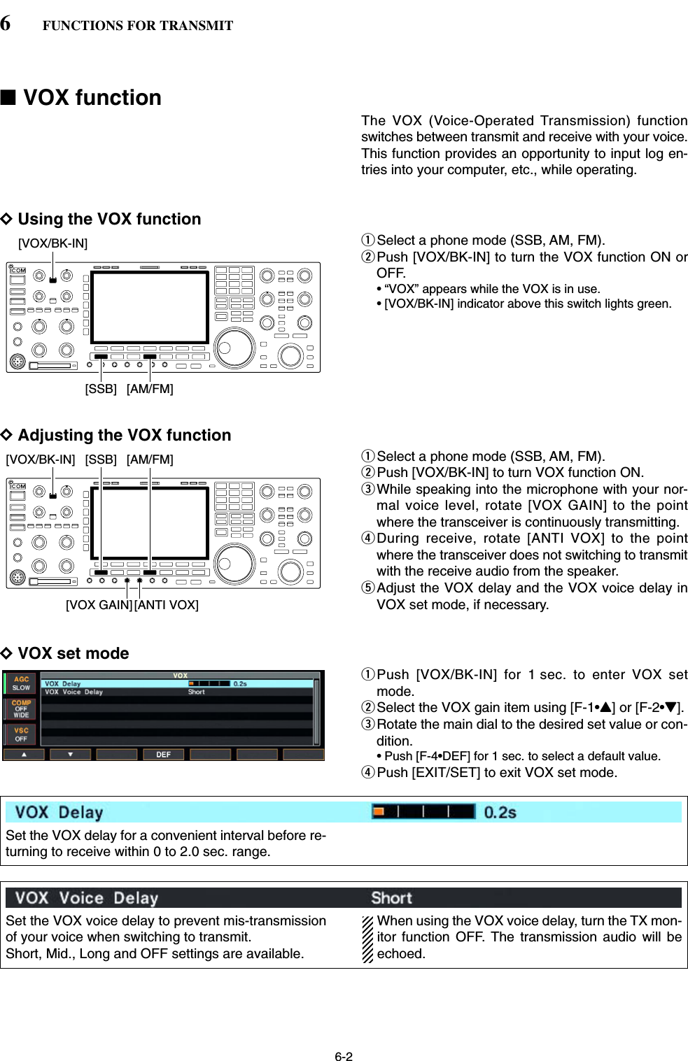 6-2■VOX functionThe VOX (Voice-Operated Transmission) functionswitches between transmit and receive with your voice.This function provides an opportunity to input log en-tries into your computer, etc., while operating.DUsing the VOX functionqSelect a phone mode (SSB, AM, FM).wPush [VOX/BK-IN] to turn the VOX function ON orOFF.• “VOX” appears while the VOX is in use.• [VOX/BK-IN] indicator above this switch lights green.DAdjusting the VOX functionqSelect a phone mode (SSB, AM, FM).wPush [VOX/BK-IN] to turn VOX function ON.eWhile speaking into the microphone with your nor-mal voice level, rotate [VOX GAIN] to the pointwhere the transceiver is continuously transmitting.rDuring receive, rotate [ANTI VOX] to the pointwhere the transceiver does not switching to transmitwith the receive audio from the speaker.tAdjust the VOX delay and the VOX voice delay inVOX set mode, if necessary.DVOX set modeqPush [VOX/BK-IN] for 1 sec. to enter VOX setmode.wSelect the VOX gain item using [F-1•Y] or [F-2•Z].eRotate the main dial to the desired set value or con-dition.• Push [F-4•DEF] for 1 sec. to select a default value.rPush [EXIT/SET] to exit VOX set mode.[VOX/BK-IN][ANTI VOX][VOX GAIN][AM/FM][SSB][VOX/BK-IN][AM/FM][SSB]6FUNCTIONS FOR TRANSMITSet the VOX delay for a convenient interval before re-turning to receive within 0 to 2.0 sec. range.Set the VOX voice delay to prevent mis-transmissionof your voice when switching to transmit.Short, Mid., Long and OFF settings are available.When using the VOX voice delay, turn the TX mon-itor function OFF. The transmission audio will beechoed.