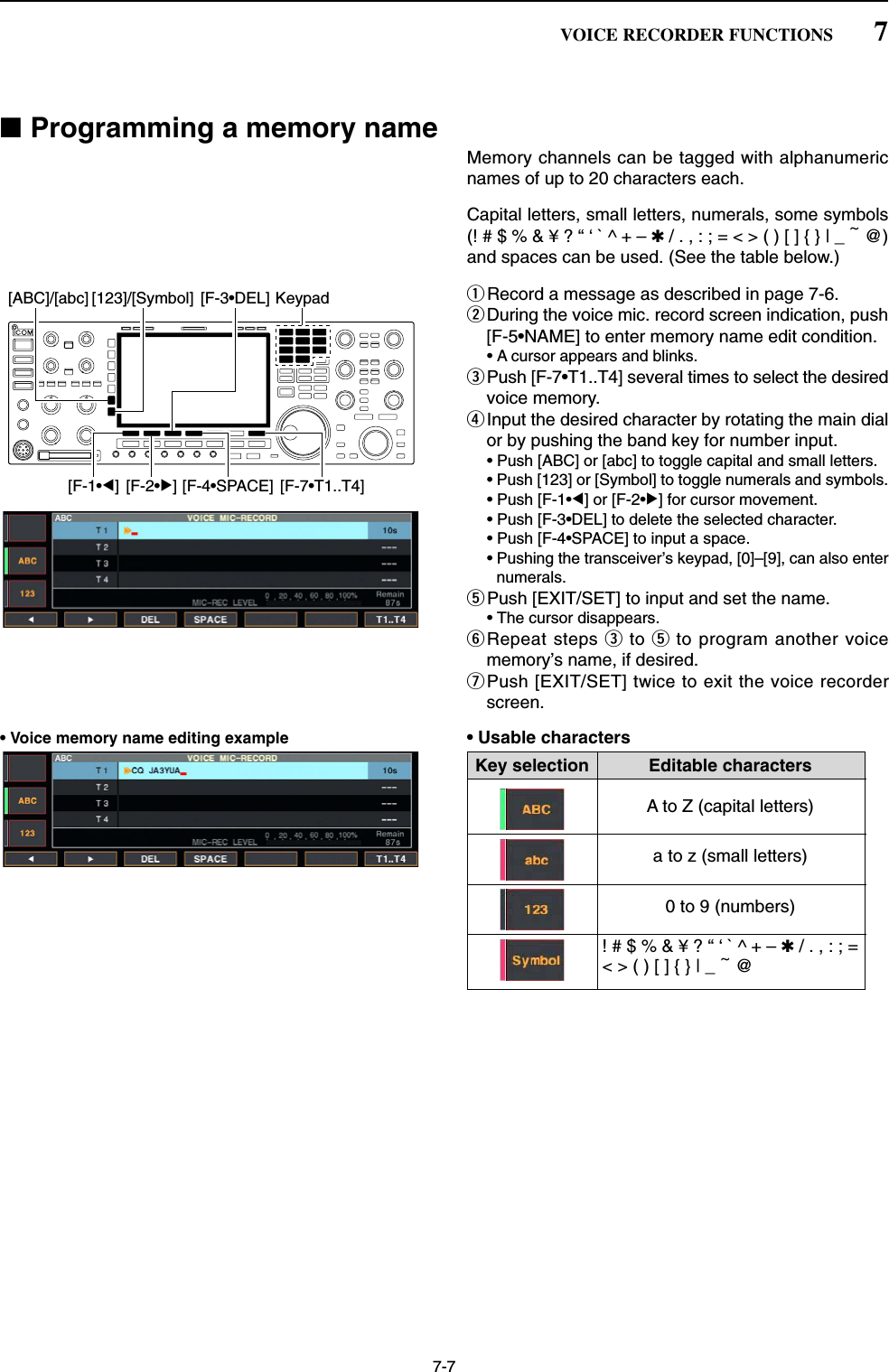 7-7■Programming a memory name Memory channels can be tagged with alphanumericnames of up to 20 characters each.Capital letters, small letters, numerals, some symbols(! # $ % &amp; ¥ ? “ ‘ ` ^ + – ✱/ . , : ; = &lt; &gt; ( ) [ ] { } | _ ~@)and spaces can be used. (See the table below.)qRecord a message as described in page 7-6.wDuring the voice mic. record screen indication, push[F-5•NAME] to enter memory name edit condition.• A cursor appears and blinks.ePush [F-7•T1..T4] several times to select the desiredvoice memory.rInput the desired character by rotating the main dialor by pushing the band key for number input.• Push [ABC] or [abc] to toggle capital and small letters.• Push [123] or [Symbol] to toggle numerals and symbols.• Push [F-1•Ω] or [F-2•≈] for cursor movement.• Push [F-3•DEL] to delete the selected character.• Push [F-4•SPACE] to input a space.• Pushing the transceiver’s keypad, [0]–[9], can also enternumerals.tPush [EXIT/SET] to input and set the name.• The cursor disappears.yRepeat steps eto tto program another voicememory’s name, if desired.uPush [EXIT/SET] twice to exit the voice recorderscreen.• Voice memory name editing example • Usable characters[F-1•Ω] [F-2•≈] [F-4•SPACE] [F-7•T1..T4][F-3•DEL] Keypad[ABC]/[abc] [123]/[Symbol]7VOICE RECORDER FUNCTIONSKey selection Editable charactersA to Z (capital letters)a to z (small letters)0 to 9 (numbers)! # $ % &amp; ¥ ? “ ‘ ` ^ + – ✱/ . , : ; =&lt; &gt; ( ) [ ] { } | _ ~@