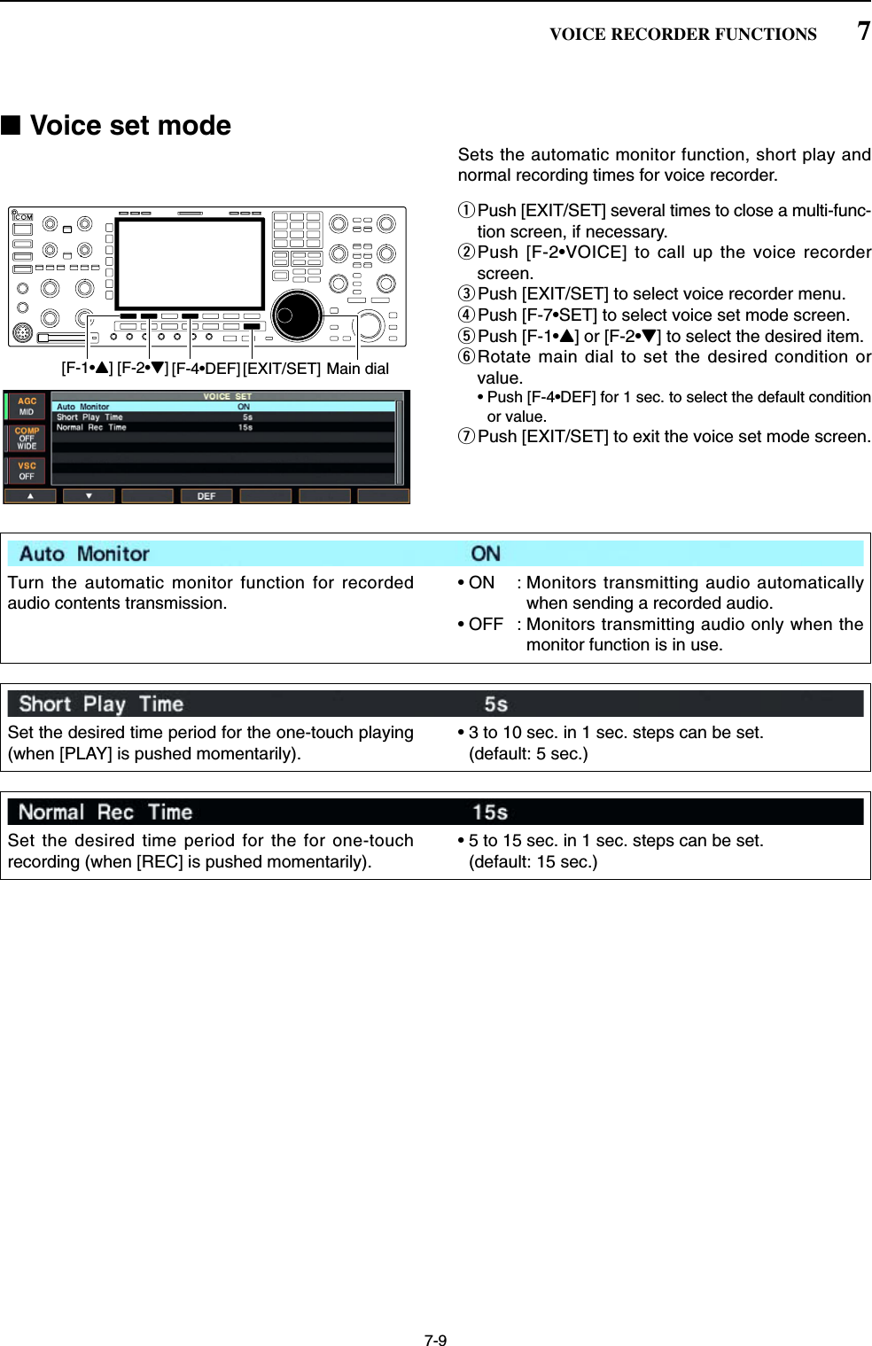 7-9■Voice set modeSets the automatic monitor function, short play andnormal recording times for voice recorder.qPush [EXIT/SET] several times to close a multi-func-tion screen, if necessary.wPush [F-2•VOICE] to call up the voice recorderscreen.ePush [EXIT/SET] to select voice recorder menu.rPush [F-7•SET] to select voice set mode screen.tPush [F-1•Y] or [F-2•Z] to select the desired item.yRotate main dial to set the desired condition orvalue.• Push [F-4•DEF] for 1 sec. to select the default conditionor value.uPush [EXIT/SET] to exit the voice set mode screen.[F-2•Z][F-1•Y][EXIT/SET] Main dial[F-4•DEF]7VOICE RECORDER FUNCTIONSTurn the automatic monitor function for recordedaudio contents transmission.• ON : Monitors transmitting audio automaticallywhen sending a recorded audio.• OFF : Monitors transmitting audio only when themonitor function is in use.Set the desired time period for the one-touch playing(when [PLAY] is pushed momentarily).• 3 to 10 sec. in 1 sec. steps can be set. (default: 5 sec.)Set the desired time period for the for one-touchrecording (when [REC] is pushed momentarily).• 5 to 15 sec. in 1 sec. steps can be set. (default: 15 sec.)