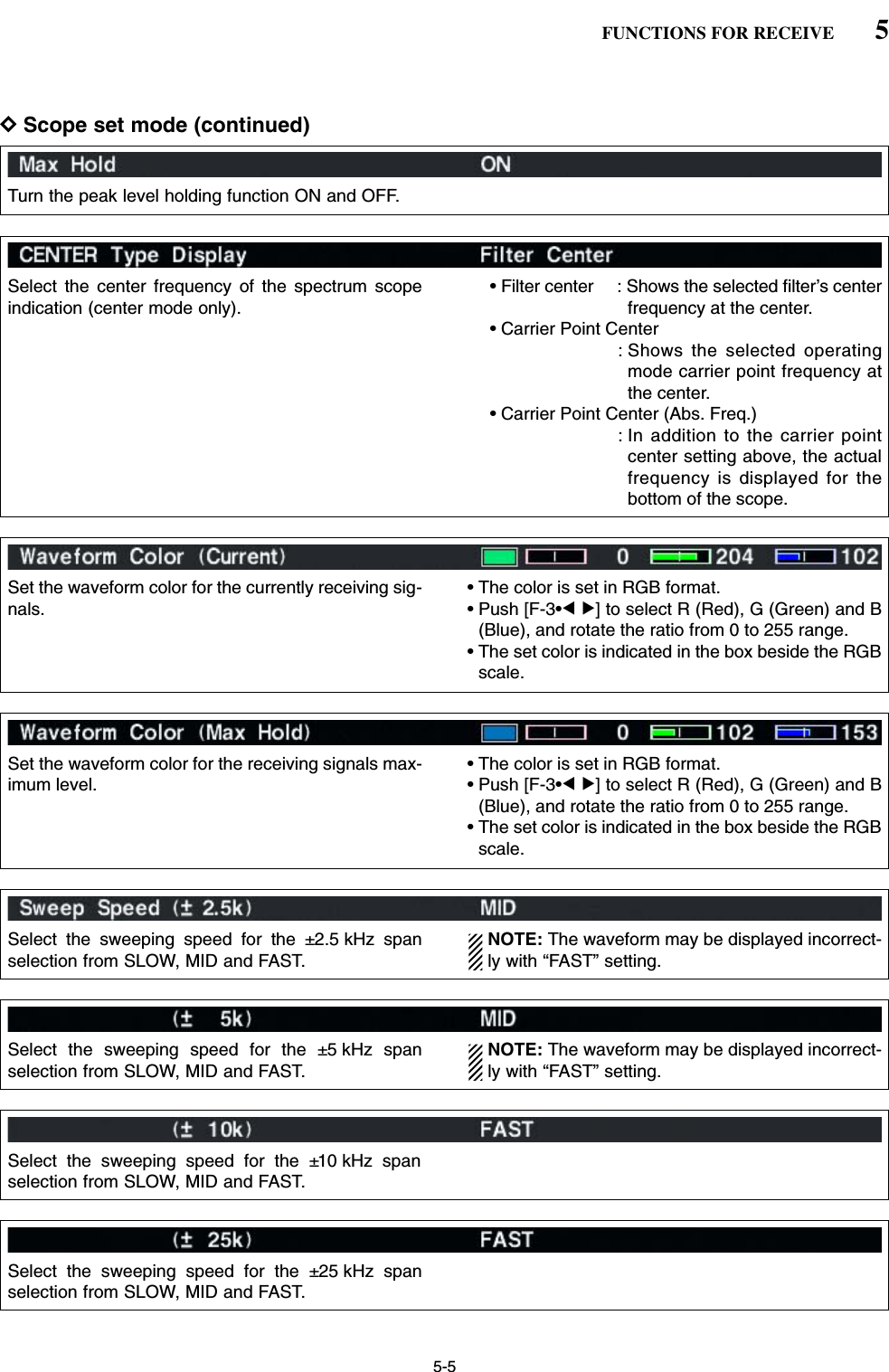 5-5DScope set mode (continued)5FUNCTIONS FOR RECEIVETurn the peak level holding function ON and OFF. Select the center frequency of the spectrum scopeindication (center mode only).• Filter center : Shows the selected filter’s centerfrequency at the center.• Carrier Point Center: Shows the selected operatingmode carrier point frequency atthe center.• Carrier Point Center (Abs. Freq.): In addition to the carrier pointcenter setting above, the actualfrequency is displayed for thebottom of the scope.Set the waveform color for the currently receiving sig-nals.• The color is set in RGB format.• Push [F-3•Ω≈] to select R (Red), G (Green) and B(Blue), and rotate the ratio from 0 to 255 range.• The set color is indicated in the box beside the RGBscale.Set the waveform color for the receiving signals max-imum level.• The color is set in RGB format.• Push [F-3•Ω≈] to select R (Red), G (Green) and B(Blue), and rotate the ratio from 0 to 255 range.• The set color is indicated in the box beside the RGBscale.Select the sweeping speed for the ±2.5 kHz spanselection from SLOW, MID and FAST.NOTE: The waveform may be displayed incorrect-ly with “FAST” setting.Select the sweeping speed for the ±5 kHz spanselection from SLOW, MID and FAST.NOTE: The waveform may be displayed incorrect-ly with “FAST” setting.Select the sweeping speed for the ±10 kHz spanselection from SLOW, MID and FAST.Select the sweeping speed for the ±25 kHz spanselection from SLOW, MID and FAST.