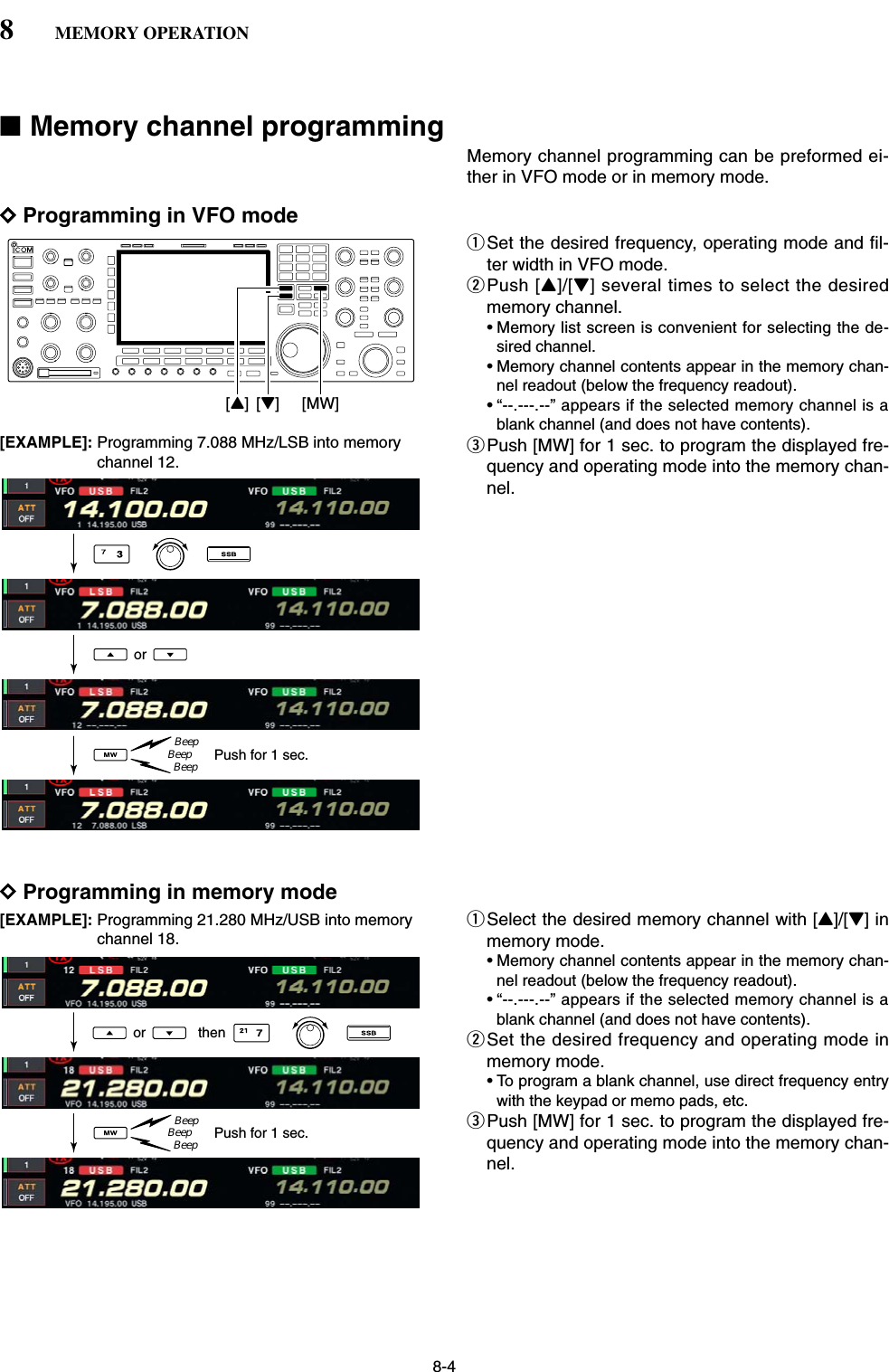 8-4■Memory channel programmingMemory channel programming can be preformed ei-ther in VFO mode or in memory mode.DProgramming in VFO modeqSet the desired frequency, operating mode and fil-ter width in VFO mode.wPush [Y]/[Z] several times to select the desiredmemory channel.• Memory list screen is convenient for selecting the de-sired channel.• Memory channel contents appear in the memory chan-nel readout (below the frequency readout).• “--.---.--” appears if the selected memory channel is ablank channel (and does not have contents).ePush [MW] for 1 sec. to program the displayed fre-quency and operating mode into the memory chan-nel.DProgramming in memory modeqSelect the desired memory channel with [Y]/[Z] inmemory mode.• Memory channel contents appear in the memory chan-nel readout (below the frequency readout).• “--.---.--” appears if the selected memory channel is ablank channel (and does not have contents).wSet the desired frequency and operating mode inmemory mode.• To program a blank channel, use direct frequency entrywith the keypad or memo pads, etc.ePush [MW] for 1 sec. to program the displayed fre-quency and operating mode into the memory chan-nel.[Y] [Z] [MW]8MEMORY OPERATIONorPush for 1 sec.BeepBeepBeep[EXAMPLE]: Programming 7.088 MHz/LSB into memorychannel 12.or thenPush for 1 sec.BeepBeepBeep[EXAMPLE]: Programming 21.280 MHz/USB into memorychannel 18.