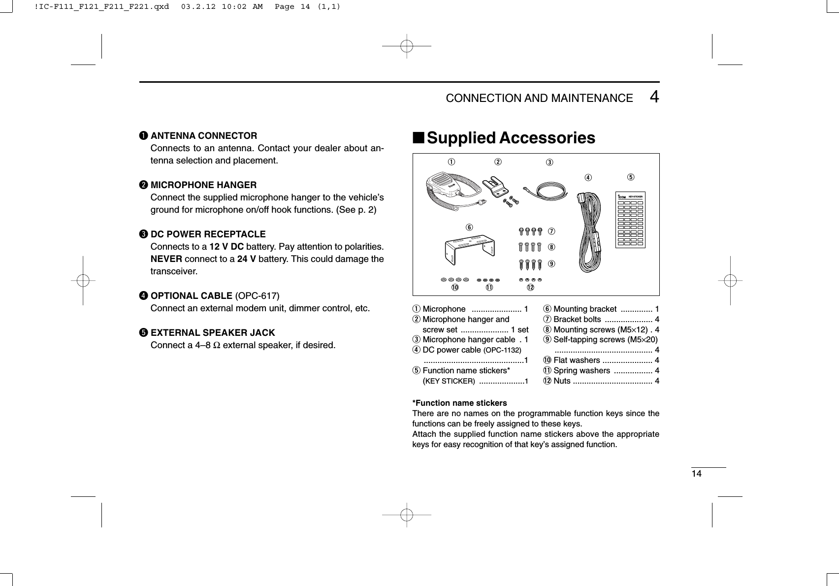 144CONNECTION AND MAINTENANCEqANTENNA CONNECTORConnects to an antenna. Contact your dealer about an-tenna selection and placement.wMICROPHONE HANGERConnect the supplied microphone hanger to the vehicle’sground for microphone on/off hook functions. (See p. 2)eDC POWER RECEPTACLEConnects to a 12 V DC battery. Pay attention to polarities.NEVER connect to a 24 V battery. This could damage thetransceiver.rOPTIONAL CABLE (OPC-617)Connect an external modem unit, dimmer control, etc.tEXTERNAL SPEAKER JACKConnect a 4–8 Ωexternal speaker, if desired.■Supplied AccessoriesqMicrophone   ...................... 1wMicrophone hanger and screw set  ..................... 1 seteMicrophone hanger cable  . 1rDC power cable (OPC-1132)............................................1tFunction name stickers*(KEY STICKER) ....................1yMounting bracket  .............. 1uBracket bolts  ..................... 4iMounting screws (M5×12) . 4oSelf-tapping screws (M5×20)........................................... 4!0 Flat washers ...................... 4!1 Spring washers  ................. 4!2 Nuts ................................... 4*Function name stickersThere are no names on the programmable function keys since thefunctions can be freely assigned to these keys.Attach the supplied function name stickers above the appropriatekeys for easy recognition of that key’s assigned function.qw eryuio!0 !1 !2tKEY-STICKERICOM!IC-F111_F121_F211_F221.qxd  03.2.12 10:02 AM  Page 14 (1,1)