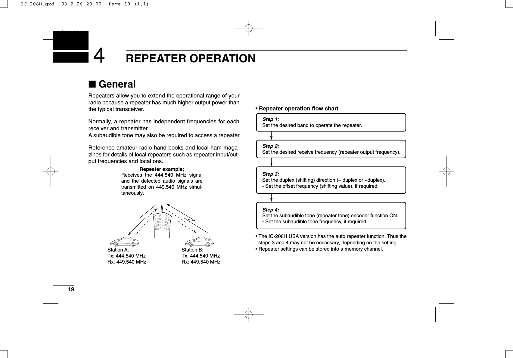 19REPEATER OPERATIONNew20014Repeaters allow you to extend the operational range of yourradio because a repeater has much higher output power thanthe typical transceiver.Normally, a repeater has independent frequencies for eachreceiver and transmitter.A subaudible tone may also be required to access a repeaterReference amateur radio hand books and local ham maga-zines for details of local repeaters such as repeater input/out-put frequencies and locations.•Repeater operation ﬂow chart•The IC-208H USA version has the auto repeater function. Thus thesteps 3 and 4 may not be necessary, depending on the setting.•Repeater settings can be stored into a memory channel. Step 3:Set the duplex (shifting) direction (– duplex or +duplex).- Set the offset frequency (shifting value), if required.Step 4:Set the subaudible tone (repeater tone) encoder function ON.- Set the subaudible tone frequency, if required.Step 1:Set the desired band to operate the repeater.Step 2:Set the desired receive frequency (repeater output frequency).Repeater example;Receives the 444.540 MHz signal and the detected audio signals are transmitted on 449.540 MHz simul-taneously.Station A:Tx: 444.540 MHzRx: 449.540 MHzStation B:Tx: 444.540 MHzRx: 449.540 MHz■GeneralIC-208H.qxd  03.2.26 20:00  Page 19 (1,1)