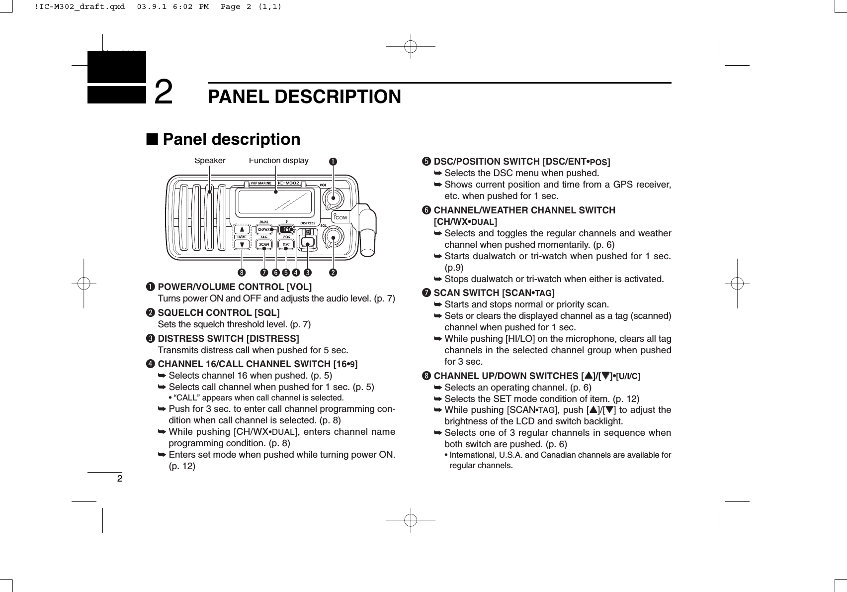 2PANEL DESCRIPTIONNew20012■Panel descriptionqPOWER/VOLUME CONTROL [VOL]Turns power ON and OFF and adjusts the audio level. (p. 7)wSQUELCH CONTROL [SQL]Sets the squelch threshold level. (p. 7)eDISTRESS SWITCH [DISTRESS]Transmits distress call when pushed for 5 sec.rCHANNEL 16/CALL CHANNEL SWITCH [16•9]➥Selects channel 16 when pushed. (p. 5)➥Selects call channel when pushed for 1 sec. (p. 5)• “CALL” appears when call channel is selected.➥Push for 3 sec. to enter call channel programming con-dition when call channel is selected. (p. 8)➥While pushing [CH/WX•DUAL], enters channel nameprogramming condition. (p. 8)➥Enters set mode when pushed while turning power ON.(p. 12)tDSC/POSITION SWITCH [DSC/ENT•POS]➥Selects the DSC menu when pushed.➥Shows current position and time from a GPS receiver,etc. when pushed for 1 sec.yCHANNEL/WEATHER CHANNEL SWITCH[CH/WX•DUAL]➥Selects and toggles the regular channels and weatherchannel when pushed momentarily. (p. 6)➥Starts dualwatch or tri-watch when pushed for 1 sec. (p.9)➥Stops dualwatch or tri-watch when either is activated.uSCAN SWITCH [SCAN•TAG]➥Starts and stops normal or priority scan.➥Sets or clears the displayed channel as a tag (scanned)channel when pushed for 1 sec.➥While pushing [HI/LO] on the microphone, clears all tagchannels in the selected channel group when pushedfor 3 sec.iCHANNEL UP/DOWN SWITCHES [YY]/[ZZ]•[U/I/C]➥Selects an operating channel. (p. 6)➥Selects the SET mode condition of item. (p. 12)➥While pushing [SCAN•TAG], push [Y]/[Z] to adjust thebrightness of the LCD and switch backlight.➥Selects one of 3 regular channels in sequence whenboth switch are pushed. (p. 6)• International, U.S.A. and Canadian channels are available forregular channels.Speaker Function display qwi u ytr e!IC-M302_draft.qxd  03.9.1 6:02 PM  Page 2 (1,1)