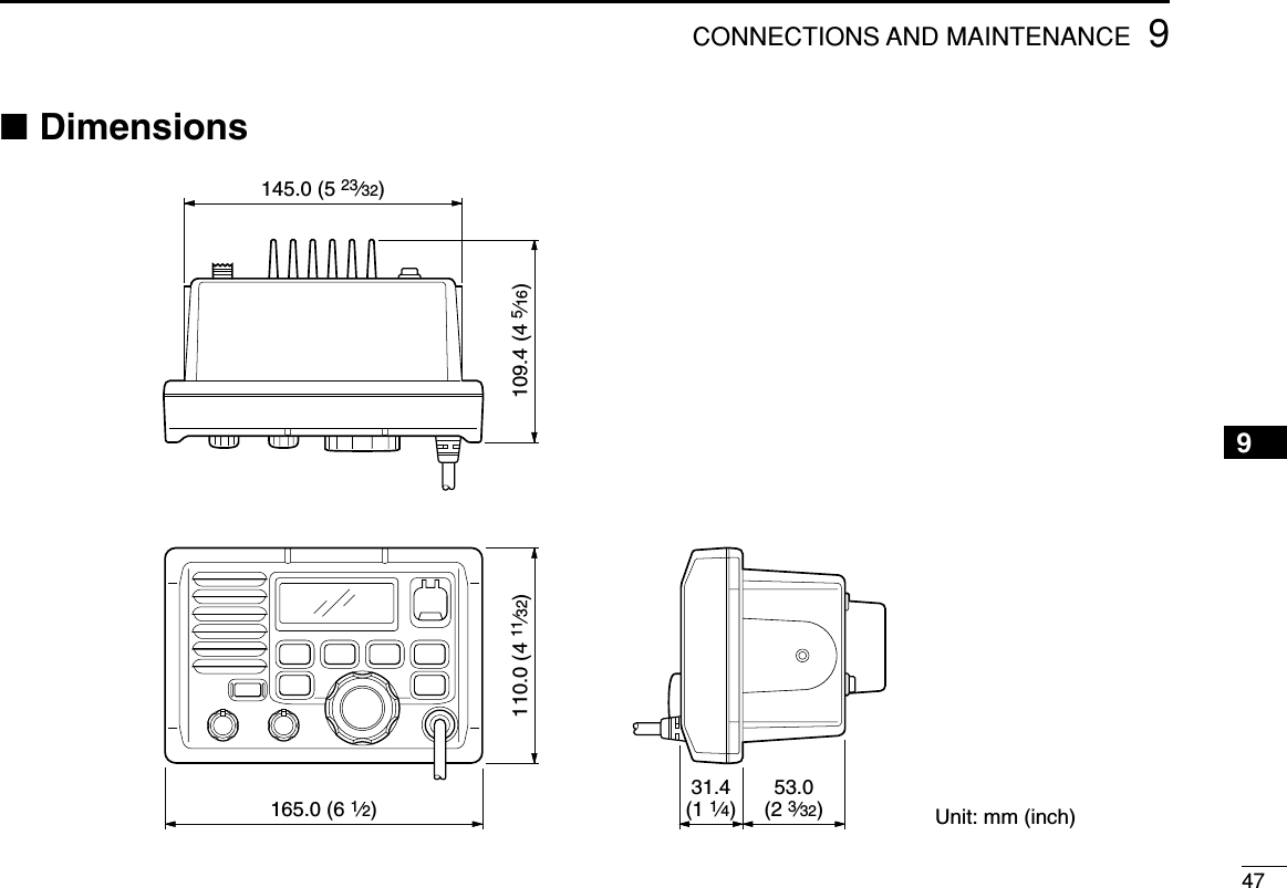 479CONNECTIONS AND MAINTENANCE■Dimensions145.0 (5 23⁄32)165.0 (6 1⁄2)31.4(1 1⁄4)53.0(2 3⁄32)Unit: mm (inch)110.0 (4 11⁄32) 109.4 (4 5⁄16)9