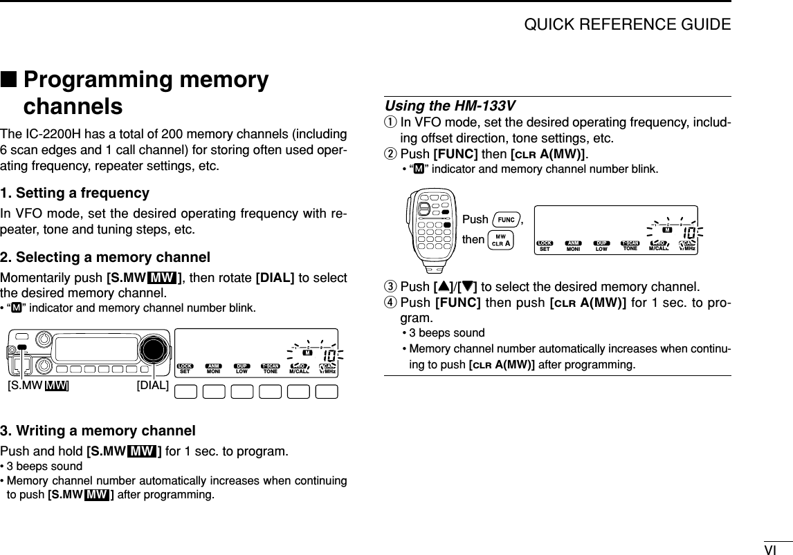 VIQUICK REFERENCE GUIDE■Programming memorychannelsThe IC-2200H has a total of 200 memory channels (including6 scan edges and 1 call channel) for storing often used oper-ating frequency, repeater settings, etc. 1. Setting a frequencyIn VFO mode, set the desired operating frequency with re-peater, tone and tuning steps, etc. 2. Selecting a memory channel Momentarily push [S.MW ], then rotate [DIAL] to selectthe desired memory channel.•“M” indicator and memory channel number blink.3. Writing a memory channelPush and hold [S.MW ] for 1 sec. to program.• 3 beeps sound• Memory channel number automatically increases when continuingto push [S.MW ] after programming.Using the HM-133VqIn VFO mode, set the desired operating frequency, includ-ing offset direction, tone settings, etc.wPush [FUNC] then [CLRA(MW)].•“M” indicator and memory channel number blink.ePush [YY]/[ZZ]to select the desired memory channel.rPush [FUNC] then push [CLRA(MW)] for 1 sec. to pro-gram.• 3 beeps sound• Memory channel number automatically increases when continu-ing to push [CLRA(MW)] after programming.LOCKSETANMMONIDUPLOWT-SCANTONEPRIOM/CALLSCANV/MHzDIGITAL PRIO AO BUSYMUTENARMIDLOWPush          , then MWMWLOCKSETANMMONIDUPLOWT-SCANTONEPRIOM/CALLSCANV/MHzDIGITAL PRIO AO BUSYMUTENARMIDLOW[S.MW MW] [DIAL]MW