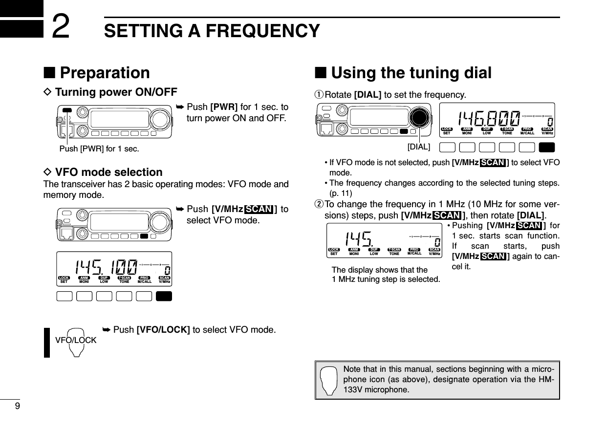 9SETTING A FREQUENCY2■PreparationDTurning power ON/OFF➥Push [PWR] for 1 sec. toturn power ON and OFF.DVFO mode selectionThe transceiver has 2 basic operating modes: VFO mode andmemory mode.➥Push [V/MHz ] toselect VFO mode.➥Push [VFO/LOCK] to select VFO mode.■Using the tuning dialqRotate [DIAL] to set the frequency.• If VFO mode is not selected, push [V/MHz ] to select VFOmode.• The frequency changes according to the selected tuning steps.(p. 11)wTo change the frequency in 1 MHz (10 MHz for some ver-sions) steps, push [V/MHz ], then rotate [DIAL].• Pushing  [V/MHz ] for1 sec. starts scan function. If scan starts, push [V/MHz ] again to can-cel it.SCANSCANLOCKSETANMMONIDUPLOWT-SCANTONEPRIOM/CALLSCANV/MHzDIGITAL PRIO AO BUSYMUTENARMIDLOWThe display shows that the 1 MHz tuning step is selected.SCANSCANLOCKSETANMMONIDUPLOWT-SCANTONEPRIOM/CALLSCANV/MHzDIGITAL PRIO AO BUSYMUTENARMIDLOW[DIAL]VFO/LOCKSCANLOCKSETANMMONIDUPLOWT-SCANTONEPRIOM/CALLSCANV/MHzDIGITAL PRIO AO BUSYMUTENARMIDLOWPush [PWR] for 1 sec.Note that in this manual, sections beginning with a micro-phone icon (as above), designate operation via the HM-133V microphone.