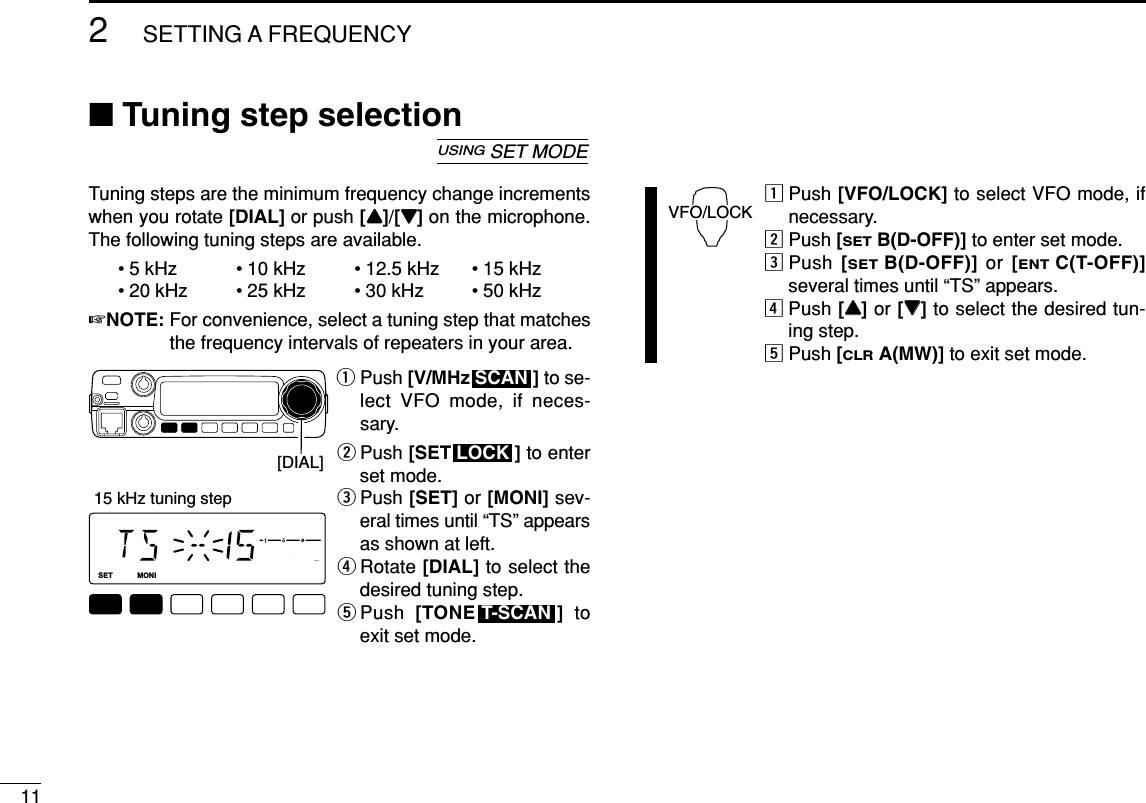 112SETTING A FREQUENCY■Tuning step selectionTuning steps are the minimum frequency change incrementswhen you rotate [DIAL] or push [YY]/[ZZ]on the microphone.The following tuning steps are available.• 5 kHz • 10 kHz • 12.5 kHz • 15 kHz• 20 kHz • 25 kHz • 30 kHz • 50 kHz☞NOTE: For convenience, select a tuning step that matchesthe frequency intervals of repeaters in your area.qPush [V/MHz ] to se-lect VFO mode, if neces-sary.wPush [SET ] to enterset mode.ePush [SET] or [MONI] sev-eral times until “TS” appearsas shown at left.rRotate [DIAL] to select thedesired tuning step.tPush  [TONE ] toexit set mode.zPush [VFO/LOCK] to select VFO mode, ifnecessary.xPush [SETB(D-OFF)] to enter set mode.cPush  [SETB(D-OFF)] or  [ENTC(T-OFF)]several times until “TS” appears.vPush [YY]or [ZZ]to select the desired tun-ing step.bPush [CLRA(MW)] to exit set mode.VFO/LOCKT-SCANLOCKSCANLOCKSETANMMONIDUPLOWT-SCANTONEPRIOM/CALLSCANV/MHzDIGITAL PRIO AO BUSYMUTENARMIDLOW15 kHz tuning step[DIAL]USINGSET MODE