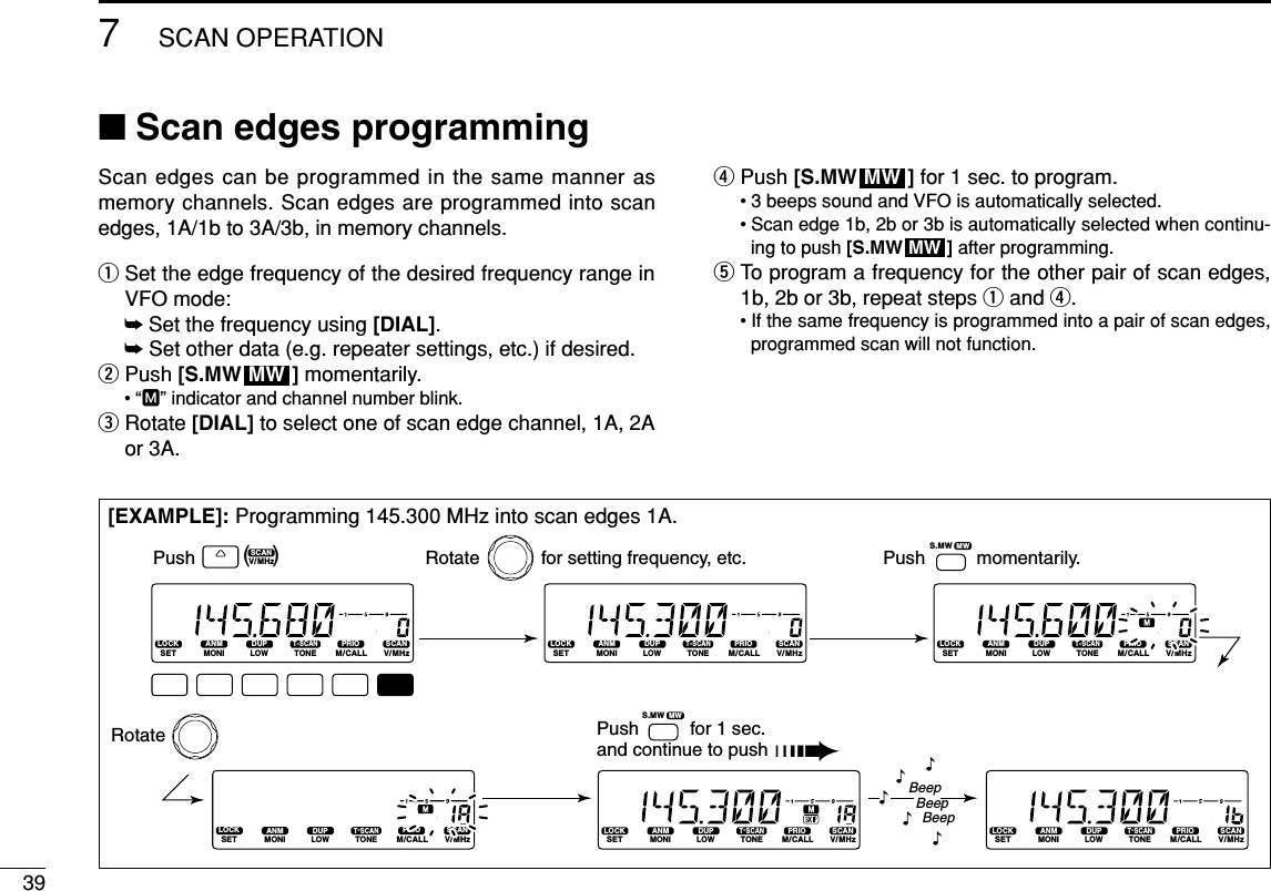397SCAN OPERATION■Scan edges programmingScan edges can be programmed in the same manner asmemory channels. Scan edges are programmed into scanedges, 1A/1b to 3A/3b, in memory channels.qSet the edge frequency of the desired frequency range inVFO mode:➥Set the frequency using [DIAL].➥Set other data (e.g. repeater settings, etc.) if desired.wPush [S.MW ] momentarily.•“M” indicator and channel number blink.eRotate [DIAL] to select one of scan edge channel, 1A, 2Aor 3A.rPush [S.MW ] for 1 sec. to program.• 3 beeps sound and VFO is automatically selected.• Scan edge 1b, 2b or 3b is automatically selected when continu-ing to push [S.MW ] after programming.tTo program a frequency for the other pair of scan edges,1b, 2b or 3b, repeat steps qand r.• If the same frequency is programmed into a pair of scan edges,programmed scan will not function.MWMWMW[EXAMPLE]: Programming 145.300 MHz into scan edges 1A.LOCKSETANMMONIDUPLOWT-SCANTONEPRIOM/CALLSCANV/MHzSCANV/MHzMWS.MWDIGITAL PRIO AO BUSYMUTENARMIDLOWLOCKSETANMMONIDUPLOWT-SCANTONEPRIOM/CALLSCANV/MHzDIGITAL PRIO AO BUSYMUTENARMIDLOWLOCKSETANMMONIDUPLOWT-SCANTONEPRIOM/CALLSCANV/MHzDIGITAL PRIO AO BUSYMUTENARMIDLOWLOCKSETANMMONIDUPLOWT-SCANTONEPRIOM/CALLSCANV/MHzDIGITAL PRIO AO BUSYMUTENARMIDLOWLOCKSETANMMONIDUPLOWT-SCANTONEPRIOM/CALLSCANV/MHzDIGITAL PRIO AO BUSYMUTENARMIDLOWLOCKSETANMMONIDUPLOWT-SCANTONEPRIOM/CALLSCANV/MHzDIGITAL PRIO AO BUSYMUTENARMIDLOWMWS.MW(   )Push Rotate            for setting frequency, etc. Push          momentarily.Rotate Push          for 1 sec. and continue to push ➠BeepBeepBeep“““““