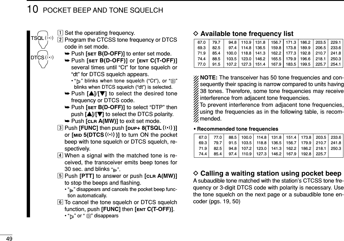 4910 POCKET BEEP AND TONE SQUELCHzSet the operating frequency.xProgram the CTCSS tone frequency or DTCScode in set mode.➥Push [SETB(D-OFF)] to enter set mode.➥Push [SETB(D-OFF)] or [ENTC(T-OFF)]several times until “Ct” for tone squelch or“dt” for DTCS squelch appears.• “ ” blinks when tone squelch (“Ct”), or “ ”blinks when DTCS squelch (“dt”) is selected.➥Push [YY]/[ZZ]to select the desired tonefrequency or DTCS code.➥Push [SETB(D-OFF)] to select “DTP” thenpush [YY]/[ZZ]to select the DTCS polarity.➥Push [CLRA(MW)] to exit set mode.cPush [FUNC] then push [DUP+ 8(TSQLSS)]or [MID5(DTCSSS)] to turn ON the pocketbeep with tone squelch or DTCS squelch, re-spectively.vWhen a signal with the matched tone is re-ceived, the transceiver emits beep tones for30 sec. and blinks “”.bPush [PTT] to answer or push [CLRA(MW)]to stop the beeps and ﬂashing.• “ ” disappears and cancels the pocket beep func-tion automatically.nTo cancel the tone squelch or DTCS squelchfunction, push [FUNC] then [ENTC(T-OFF)]. • “ ” or “ ” disappears DAvailable tone frequency listNOTE: The transceiver has 50 tone frequencies and con-sequently their spacing is narrow compared to units having38 tones. Therefore, some tone frequencies may receiveinterference from adjacent tone frequencies.To prevent interference from adjacent tone frequencies,using the frequencies as in the following table, is recom-mended.DCalling a waiting station using pocket beepA subaudible tone matched with the station’s CTCSS tone fre-quency or 3-digit DTCS code with polarity is necessary. Usethe tone squelch on the next page or a subaudible tone en-coder (pgs. 19, 50)67.069.371.974.488.591.594.897.4114.8118.8123.0127.3151.4156.7162.2167.9203.5210.7218.1225.777.079.782.585.4100.0103.5107.2110.9131.8136.5141.3146.2173.8179.9186.2192.8233.6241.8250.3• Recommended tone frequencies67.069.371.974.477.079.782.585.488.591.594.897.4100.0103.5107.2110.9114.8118.8123.0127.3131.8136.5141.3146.2151.4156.7159.8162.2165.5167.9171.3173.8177.3179.9183.5186.2189.9192.8196.6199.5203.5206.5210.7218.1225.7229.1233.6241.8250.3254.1TSQLSDTCSS