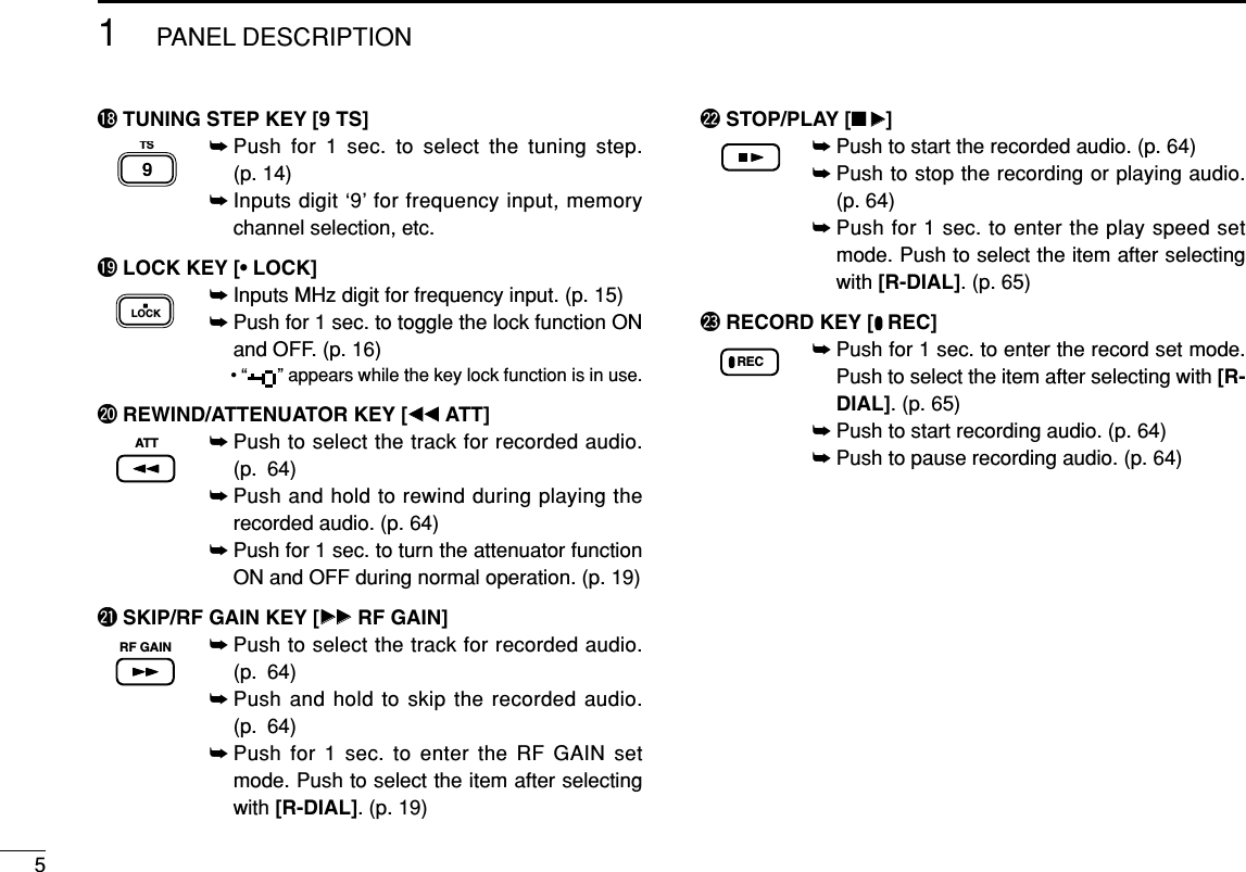 51PANEL DESCRIPTION!8 TUNING STEP KEY [9 TS]➥Push for 1 sec. to select the tuning step. (p. 14)➥Inputs digit ‘9’ for frequency input, memorychannel selection, etc.!9 LOCK KEY [• LOCK]➥Inputs MHz digit for frequency input. (p. 15)➥Push for 1 sec. to toggle the lock function ONand OFF. (p. 16)• “ ” appears while the key lock function is in use.@0 REWIND/ATTENUATOR KEY [ΩΩΩΩATT]➥Push to select the track for recorded audio.(p. 64)➥Push and hold to rewind during playing therecorded audio. (p. 64)➥Push for 1 sec. to turn the attenuator functionON and OFF during normal operation. (p. 19)@1 SKIP/RF GAIN KEY [≈≈≈≈RF GAIN]➥Push to select the track for recorded audio.(p. 64)➥Push and hold to skip the recorded audio.(p. 64)➥Push for 1 sec. to enter the RF GAIN setmode. Push to select the item after selectingwith [R-DIAL]. (p. 19)@2 STOP/PLAY [■≈≈]➥Push to start the recorded audio. (p. 64)➥Push to stop the recording or playing audio.(p. 64)➥Push for 1 sec. to enter the play speed setmode. Push to select the item after selectingwith [R-DIAL]. (p. 65)@3 RECORD KEY [ REC]➥Push for 1 sec. to enter the record set mode.Push to select the item after selecting with [R-DIAL]. (p. 65)➥Push to start recording audio. (p. 64)➥Push to pause recording audio. (p. 64)RECRF GAINATTLOCKTS