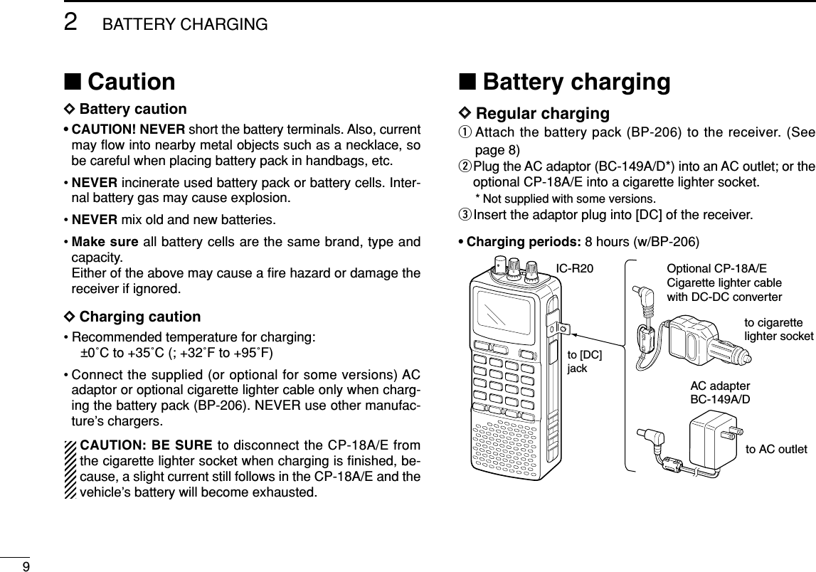 ■CautionDDBattery caution•CAUTION! NEVER short the battery terminals. Also, currentmay ﬂow into nearby metal objects such as a necklace, sobe careful when placing battery pack in handbags, etc.•NEVER incinerate used battery pack or battery cells. Inter-nal battery gas may cause explosion.•NEVER mix old and new batteries.•Make sure all battery cells are the same brand, type andcapacity.Either of the above may cause a ﬁre hazard or damage thereceiver if ignored.DDCharging caution• Recommended temperature for charging:±0˚C to +35˚C (; +32˚F to +95˚F)• Connect the supplied (or optional for some versions) ACadaptor or optional cigarette lighter cable only when charg-ing the battery pack (BP-206). NEVER use other manufac-ture’s chargers.CAUTION: BE SURE to disconnect the CP-18A/E fromthe cigarette lighter socket when charging is ﬁnished, be-cause, a slight current still follows in the CP-18A/E and thevehicle’s battery will become exhausted.■Battery chargingDDRegular chargingqAttach the battery pack (BP-206) to the receiver. (Seepage 8)wPlug the AC adaptor (BC-149A/D*) into an AC outlet; or theoptional CP-18A/E into a cigarette lighter socket.* Not supplied with some versions.eInsert the adaptor plug into [DC] of the receiver.•Charging periods: 8 hours (w/BP-206)IC-R20to [DC]jackOptional CP-18A/ECigarette lighter cable with DC-DC converterAC adapterBC-149A/Dto cigarette lighter socketto AC outlet92BATTERY CHARGING