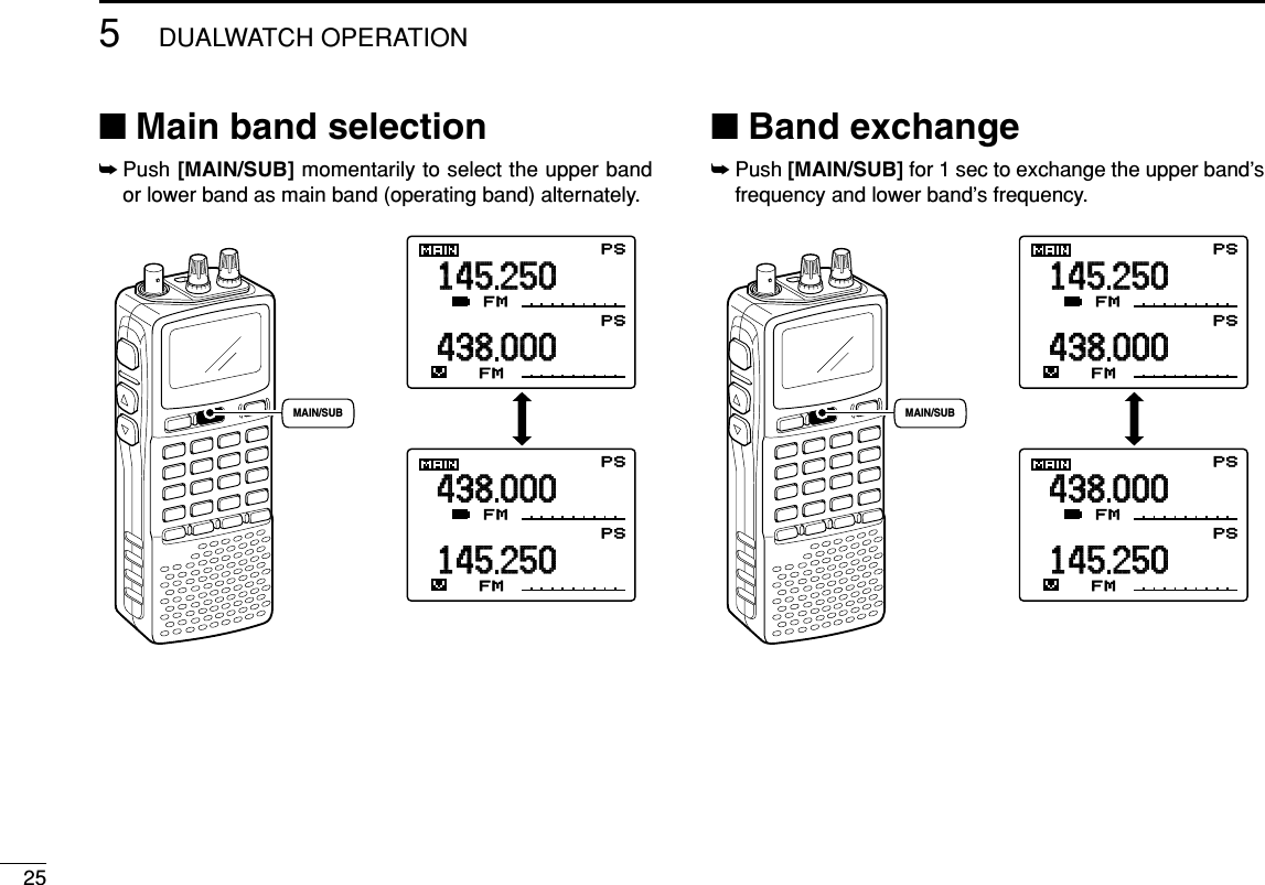 255DUALWATCH OPERATION■Main band selection➥Push [MAIN/SUB] momentarily to select the upper bandor lower band as main band (operating band) alternately.■Band exchange➥Push [MAIN/SUB] for 1 sec to exchange the upper band’sfrequency and lower band’s frequency.145 000433 000AFC -DUP-DUPFMTSQLTSQLPSPSP RIOP RIOLSB0000000000145250438000AFC -DUP-DUPFMTSQLTSQLPSPSPRIOPRIOFM0000000000438000145250-DUP-DUPFMTSQLTSQLPSPSPRIOPRIOFM0000000000PSPSMAIN/SUB145 000433 000AFC -DUP-DUPFMTSQLTSQLPSPSP RIOP RIOLSB0000000000145250438000AFC -DUP-DUPFMTSQLTSQLPSPSPRIOPRIOFM0000000000438000145250-DUP-DUPFMTSQLTSQLPSPSPRIOPRIOFM0000000000PSPSMAIN/SUB