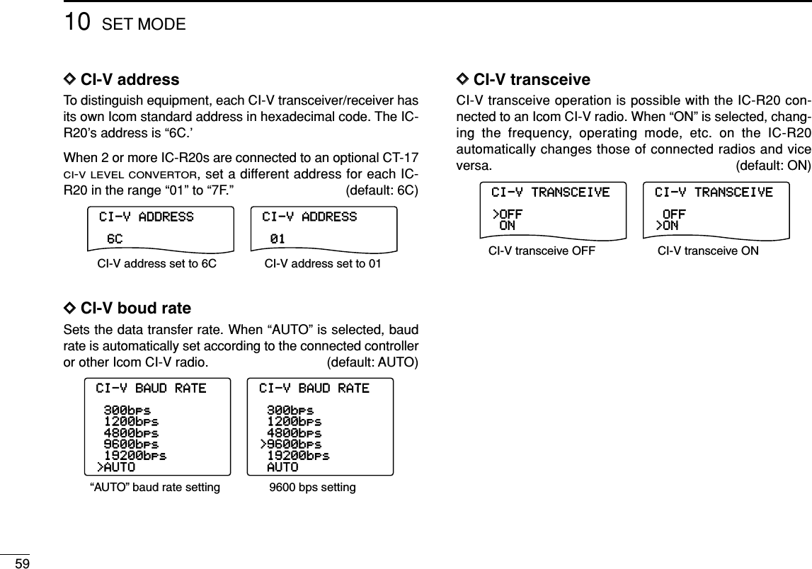 5910 SET MODEDDCI-V addressTo distinguish equipment, each CI-V transceiver/receiver hasits own Icom standard address in hexadecimal code. The IC-R20’s address is “6C.’When 2 or more IC-R20s are connected to an optional CT-17CI-V LEVEL CONVERTOR, set a different address for each IC-R20 in the range “01” to “7F.” (default: 6C)DDCI-V boud rateSets the data transfer rate. When “AUTO” is selected, baudrate is automatically set according to the connected controlleror other Icom CI-V radio. (default: AUTO)DDCI-V transceiveCI-V transceive operation is possible with the IC-R20 con-nected to an Icom CI-V radio. When “ON” is selected, chang-ing the frequency, operating mode, etc. on the IC-R20automatically changes those of connected radios and viceversa. (default: ON)CI-V-TRANSCEIVE CI-V-TRANSCEIVE-ON&gt;OFF----------------&gt;ON-OFF----------------CI-V transceive OFF CI-V transceive ONCI-V-BAUD-RATE-1200bps-300bps-9600bps-4800bps-19200bps&gt;AUTO-1200bps-300bps&gt;9600bps-4800bps-19200bps-AUTO----------------CI-V-BAUD-RATE----------------“AUTO” baud rate setting 9600 bps settingCI-V-ADDRESS-6C----------------CI-V-ADDRESS-01----------------CI-V address set to 6C CI-V address set to 01