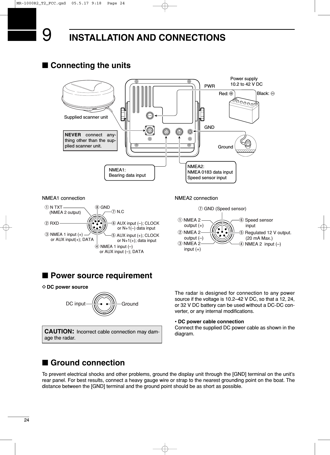 ■Connecting the unitsNMEA1 connection NMEA2 connection■Power source requirementDDC power sourceThe radar is designed for connection to any powersource if the voltage is 10.2–42 V DC, so that a 12, 24,or 32 V DC battery can be used without a DC-DC con-verter, or any internal modiﬁcations. • DC power cable connectionConnect the supplied DC power cable as shown in thediagram.■Ground connectionTo prevent electrical shocks and other problems, ground the display unit through the [GND] terminal on the unit’srear panel. For best results, connect a heavy gauge wire or strap to the nearest grounding point on the boat. Thedistance between the [GND] terminal and the ground point should be as short as possible.CAUTION:Incorrect cable connection may dam-age the radar.DC input Groundq N TXT    (NMEA 2 output)w RXDi GND u N.Cy AUX input (–); CLOCK     or N+1(–) data inputt AUX input (+); CLOCK     or N+1(+); data inputr NMEA 1 input (–)    or AUX input (–); DATAe NMEA 1 input (+)     or AUX input(+); DATA NMEA1:Bearing data inputNMEA2:NMEA 0183 data inputSpeed sensor input+GroundPower supply10.2 to 42 V DCRed: Black: _PWRGNDNEVER connect any-thing other than the sup-plied scanner unit.Supplied scanner unit9INSTALLATION AND CONNECTIONS24q NMEA 2     output (+)w NMEA 2     output (–)e NMEA 2     input (+)u GND (Speed sensor)y Speed sensor     inputt Regulated 12 V output.     (20 mA Max.)r NMEA 2  input (–)MR-1000R2_T2_FCC.qxd  05.5.17 9:18  Page 24