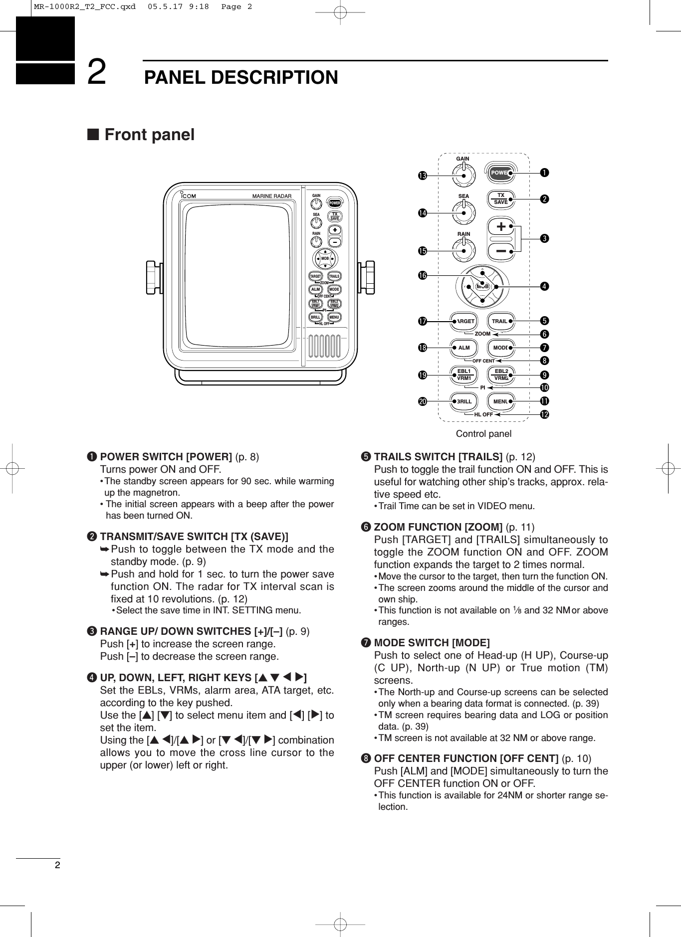 2PANEL DESCRIPTION2■Front panelqPOWER SWITCH [POWER] (p. 8)Turns power ON and OFF.•The standby screen appears for 90 sec. while warmingup the magnetron. • The initial screen appears with a beep after the powerhas been turned ON.wTRANSMIT/SAVE SWITCH [TX (SAVE)]➥Push to toggle between the TX mode and thestandby mode. (p. 9)➥Push and hold for 1 sec. to turn the power savefunction ON. The radar for TX interval scan isﬁxed at 10 revolutions. (p. 12)•Select the save time in INT. SETTING menu.eRANGE UP/ DOWN SWITCHES [+]/[–] (p. 9)Push [+] to increase the screen range. Push [–] to decrease the screen range.rUP, DOWN, LEFT, RIGHT KEYS [ÙÙ ÚÚ ΩΩ≈≈]]Set the EBLs, VRMs, alarm area, ATA target, etc.according to the key pushed.Use the [ÙÙ] [ÚÚ] to select menu item and [ΩΩ] [≈≈] toset the item.Using the [ÙÙ ΩΩ]/[ÙÙ ≈≈] or [ÚÚ ΩΩ]/[ÚÚ ≈≈] combinationallows you to move the cross line cursor to theupper (or lower) left or right.tTRAILS SWITCH [TRAILS] (p. 12)Push to toggle the trail function ON and OFF. This isuseful for watching other ship’s tracks, approx. rela-tive speed etc.•Trail Time can be set in VIDEO menu.yZOOM FUNCTION [ZOOM] (p. 11)Push [TARGET] and [TRAILS] simultaneously totoggle the ZOOM function ON and OFF. ZOOMfunction expands the target to 2 times normal.•Move the cursor to the target, then turn the function ON.•The screen zooms around the middle of the cursor andown ship.•This function is not available on 1⁄8and 32 NM or aboveranges.uMODE SWITCH [MODE]Push to select one of Head-up (H UP), Course-up(C UP), North-up (N UP) or True motion (TM)screens. •The North-up and Course-up screens can be selectedonly when a bearing data format is connected. (p. 39)•TM screen requires bearing data and LOG or positiondata. (p. 39)•TM screen is not available at 32 NM or above range.iOFF CENTER FUNCTION [OFF CENT] (p. 10)Push [ALM] and [MODE] simultaneously to turn theOFF CENTER function ON or OFF. •This function is available for 24NM or shorter range se-lection.MOBGAINSEARAINPOWERTXSAVETARGETTRAILSZOOMALMMODEOFF CENTEBL1VRM1PIBRILL MENUHL OFFEBL2VRM2MARINE RADAR TXSAVETARGET TRAILSMODEALM+-MOBMENUEBL2VRM2EBL1VRM1BRILLZOOMOFF CENTPIHL OFFGAINSEARAINPOWERerqwtuo!1yi!2!3!4!5!6!7!8!9@0!0Control panelMR-1000R2_T2_FCC.qxd  05.5.17 9:18  Page 2
