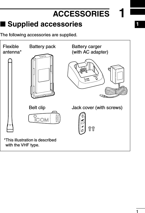 11ACCESSORIES■ Supplied accessoriesThe following accessories are supplied.Flexibleantenna*Battery pack Battery carger(with AC adapter)Belt clip Jack cover (with screws)*This illustration is described with the VHF type.1234567891011121314151617181920