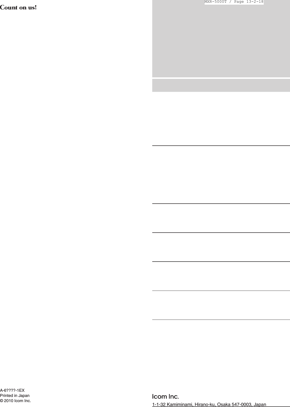 1-1-32Kamiminami,Hirano-ku,Osaka547-0003,JapanA-6????-1EXPrinted in Japan© 2010 Icom Inc.MXR-5000T / Page 13-2-18