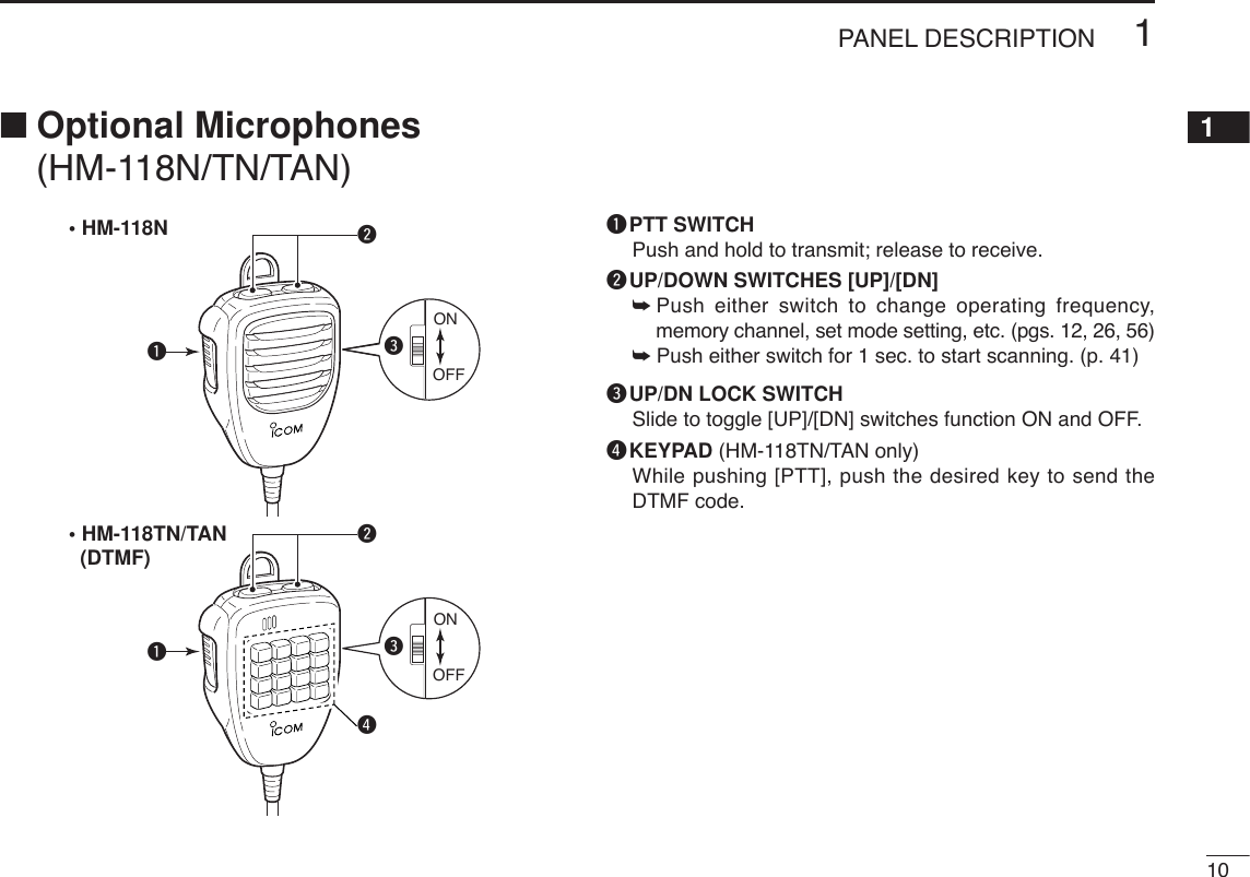 101PANEL DESCRIPTION1■Optional Microphones(HM-118N/TN/TAN)qPTT SWITCHPush and hold to transmit; release to receive.wUP/DOWN SWITCHES [UP]/[DN]➥Push either switch to change operating frequency,memory channel, set mode setting, etc. (pgs. 12, 26, 56)➥Push either switch for 1 sec. to start scanning. (p. 41)eUP/DN LOCK SWITCHSlide to toggle [UP]/[DN] switches function ON and OFF.rKEYPAD (HM-118TN/TAN only)While pushing [PTT], push the desired key to send theDTMF code.wqONOFFewrqONOFFe• HM-118N• HM-118TN/TAN  (DTMF)