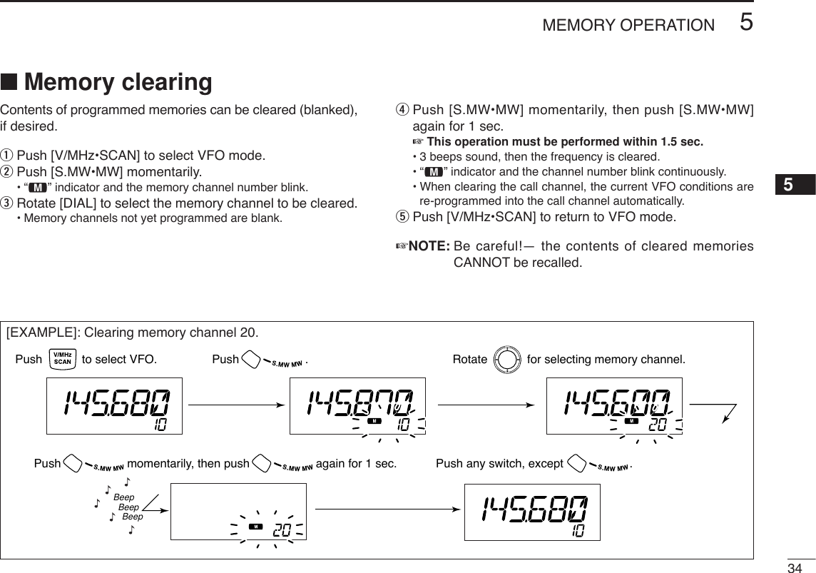 5MEMORY OPERATION345■Memory clearingContents of programmed memories can be cleared (blanked),if desired.qPush [V/MHz•SCAN] to select VFO mode.wPush [S.MW•MW] momentarily.•“!” indicator and the memory channel number blink.eRotate [DIAL] to select the memory channel to be cleared.•Memory channels not yet programmed are blank.rPush [S.MW•MW] momentarily, then push [S.MW•MW]again for 1 sec.☞This operation must be performed within 1.5 sec.•3 beeps sound, then the frequency is cleared.•“!” indicator and the channel number blink continuously.•When clearing the call channel, the current VFO conditions arere-programmed into the call channel automatically.tPush [V/MHz•SCAN] to return to VFO mode.☞NOTE: Be careful!— the contents of cleared memoriesCANNOT be recalled.[EXAMPLE]: Clearing memory channel 20.Push            to select VFO. Rotate            for selecting memory channel.Push                    .Push any switch, except                    .Push                    momentarily, then push                    again for 1 sec.BeepBeepBeep“““““