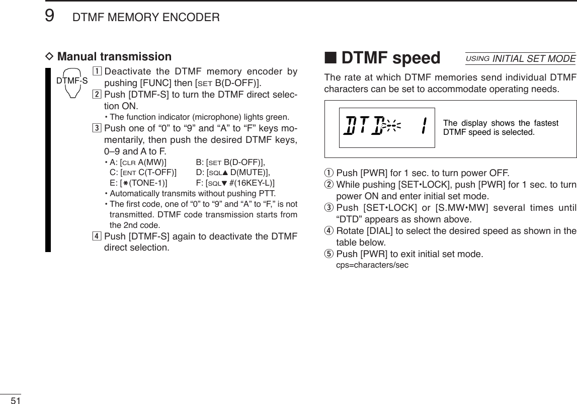 519DTMF MEMORY ENCODERDManual transmissionzDeactivate the DTMF memory encoder bypushing [FUNC] then [SETB(D-OFF)].xPush [DTMF-S] to turn the DTMF direct selec-tion ON.•The function indicator (microphone) lights green.cPush one of “0” to “9” and “A” to “F” keys mo-mentarily, then push the desired DTMF keys,0–9 and A to F.• A: [CLRA(MW)] B: [SETB(D-OFF)], C: [ENTC(T-OFF)] D: [SQLYD(MUTE)], E: [MM(TONE-1)] F: [SQLZ#(16KEY-L)]•Automatically transmits without pushing PTT.•The ﬁrst code, one of “0” to “9” and “A” to “F,” is nottransmitted. DTMF code transmission starts fromthe 2nd code.vPush [DTMF-S] again to deactivate the DTMFdirect selection.■DTMF speedThe rate at which DTMF memories send individual DTMFcharacters can be set to accommodate operating needs.qPush [PWR] for 1 sec. to turn power OFF.wWhile pushing [SET•LOCK], push [PWR] for 1 sec. to turnpower ON and enter initial set mode.ePush [SET•LOCK] or [S.MW•MW] several times until“DTD” appears as shown above.rRotate [DIAL] to select the desired speed as shown in thetable below.tPush [PWR] to exit initial set mode.cps=characters/secThe display shows the fastest DTMF speed is selected.USINGINITIAL SET MODEDTMF-S