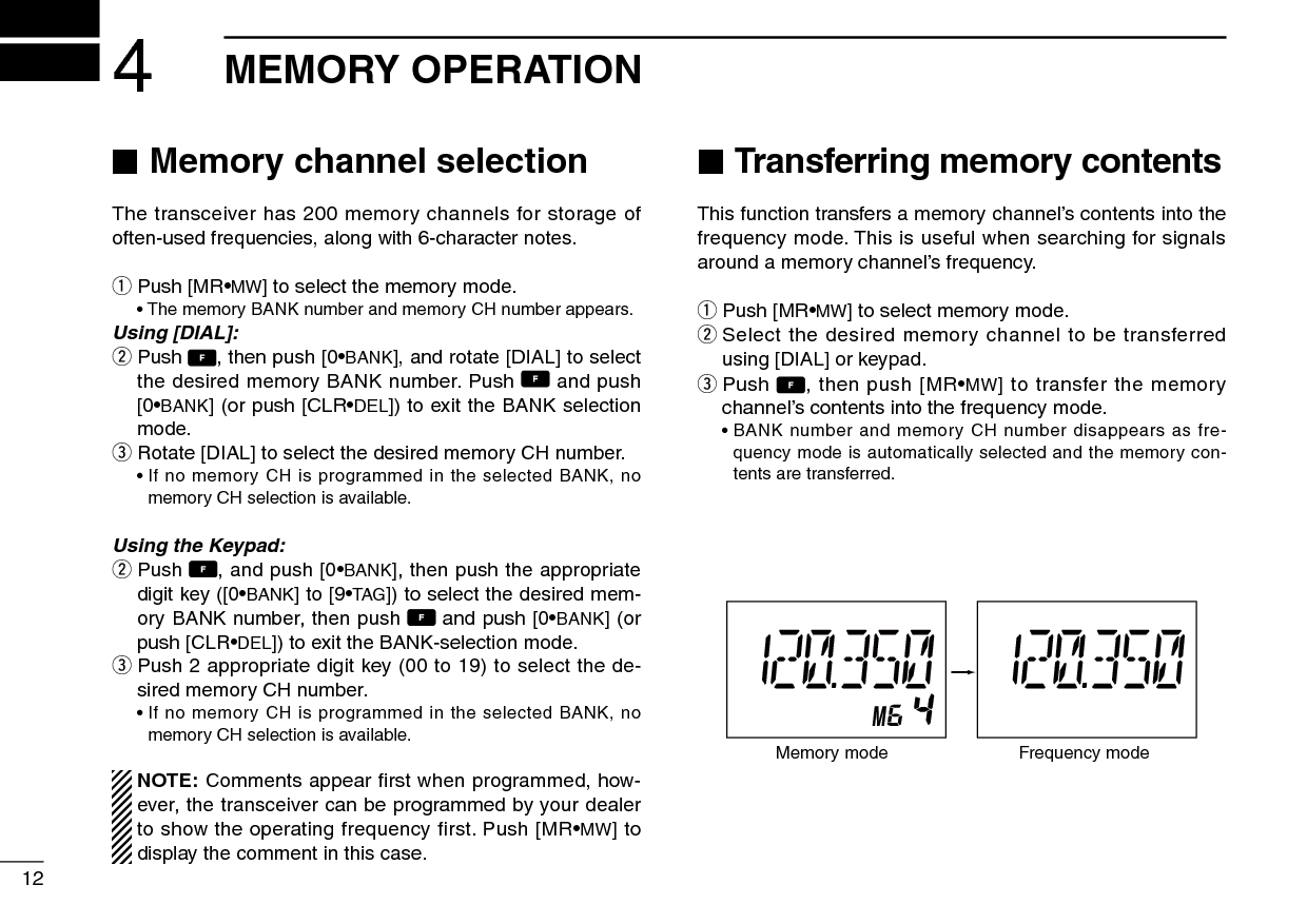 124MEMORY OPERATION ■Memory channel selectionThe transceiver has 200 memory channels for storage of often-used frequencies, along with 6-character notes.q Push [MR•MW] to select the memory mode.  • The memory BANK number and memory CH number appears.Using [DIAL]:w  Push  , then push [0•BANK], and rotate [DIAL] to select the desired memory BANK number. Push   and push [0•BANK] (or push [CLR•DEL]) to exit the BANK selection mode.e Rotate [DIAL] to select the desired memory CH number.  •  If no memory CH is programmed in the selected BANK, no memory CH selection is available.Using the Keypad:w  Push  , and push [0•BANK], then push the appropriate digit key ([0•BANK] to [9•TAG]) to select the desired mem-ory BANK number, then push   and push [0•BANK] (or push [CLR•DEL]) to exit the BANK-selection mode.e  Push 2 appropriate digit key (00 to 19) to select the de-sired memory CH number.  •  If no memory CH is programmed in the selected BANK, no memory CH selection is available.NOTE: Comments appear first when programmed, how-ever, the transceiver can be programmed by your dealer to show the operating frequency first. Push [MR•MW] to display the comment in this case. ■ Transferring memory contentsThis function transfers a memory channel’s contents into the frequency mode. This is useful when searching for signals around a memory channel’s frequency.q Push [MR•MW] to select memory mode.w  Select the desired memory channel to be transferred using [DIAL] or keypad.e   Push  , then push [MR•MW] to transfer the memory channel’s contents into the frequency mode.  •  BANK number and memory CH number disappears as fre-quency mode is automatically selected and the memory con-tents are transferred.Memory mode Frequency mode